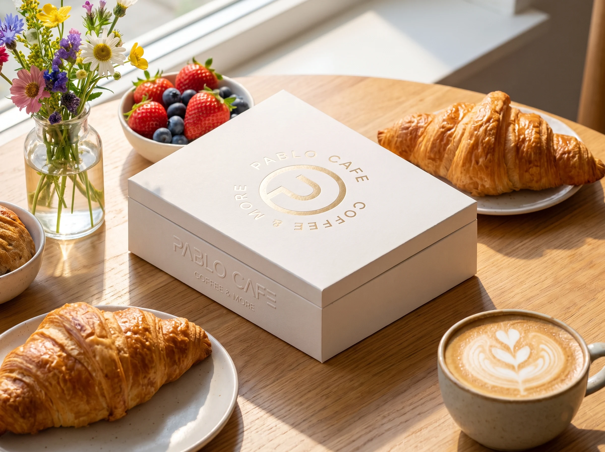 A white pastry box on a café table among croissants, berries, flowers and a latte, its lid foiled in gold with the roundel and its side blind-embossed with PABLO CAFE and COFFEE & MORE.