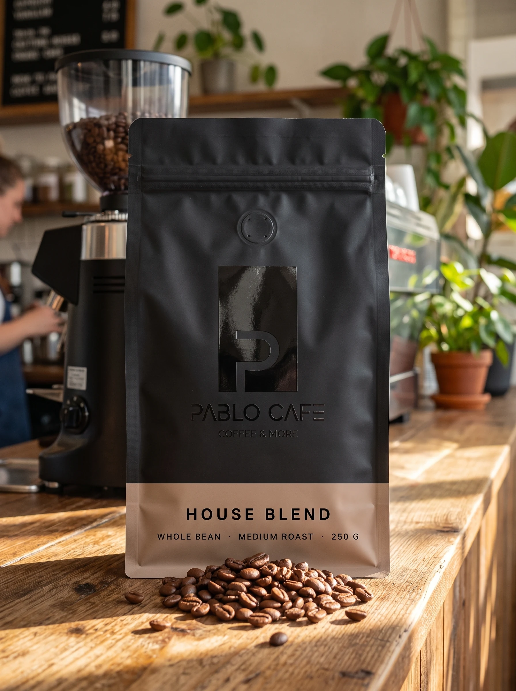 A matt black coffee pouch on a café counter, the logo in gloss black, over a latte-brown band: HOUSE BLEND, WHOLE BEAN · MEDIUM ROAST · 250 G.