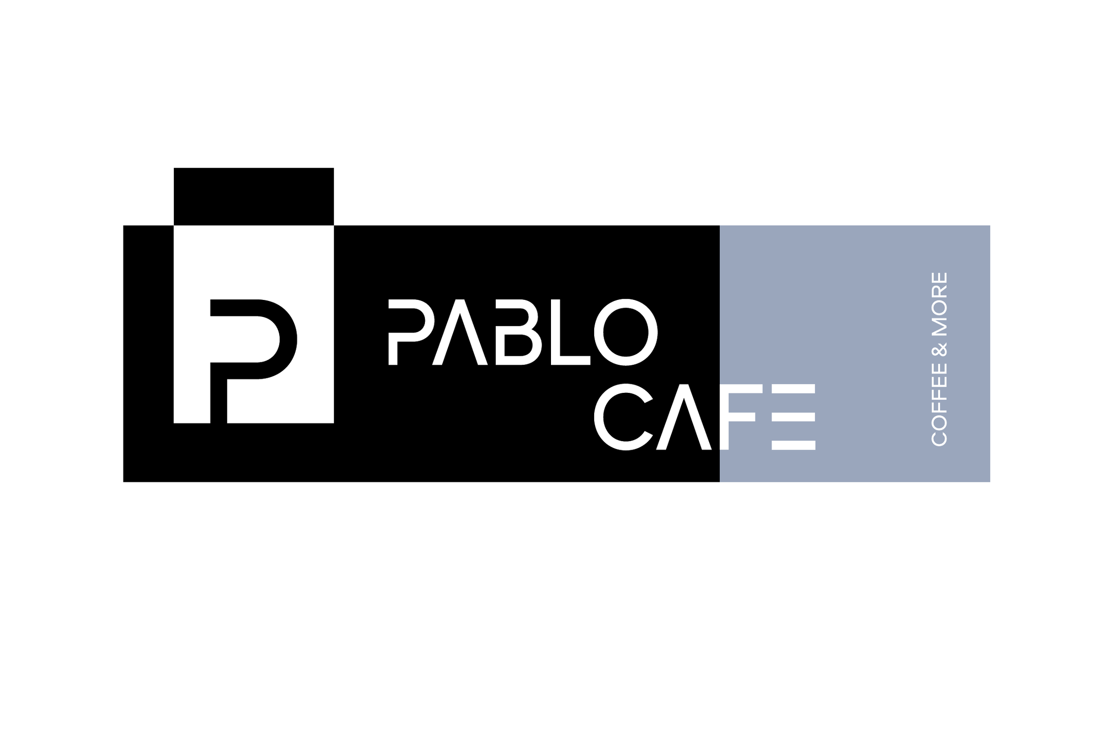 The sign: the P in its block beside PABLO CAFE in white on black, ending in a blue panel with COFFEE & MORE.