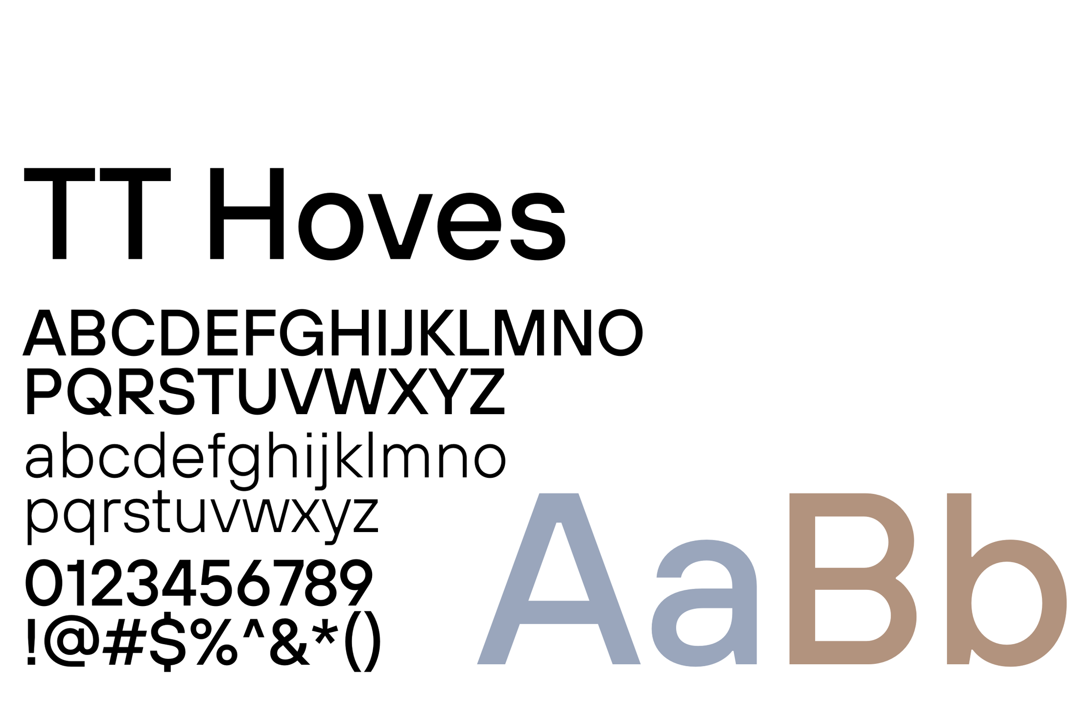 Type specimen of TT Hoves: the alphabet, figures and a large Aa Bb in blue and brown.