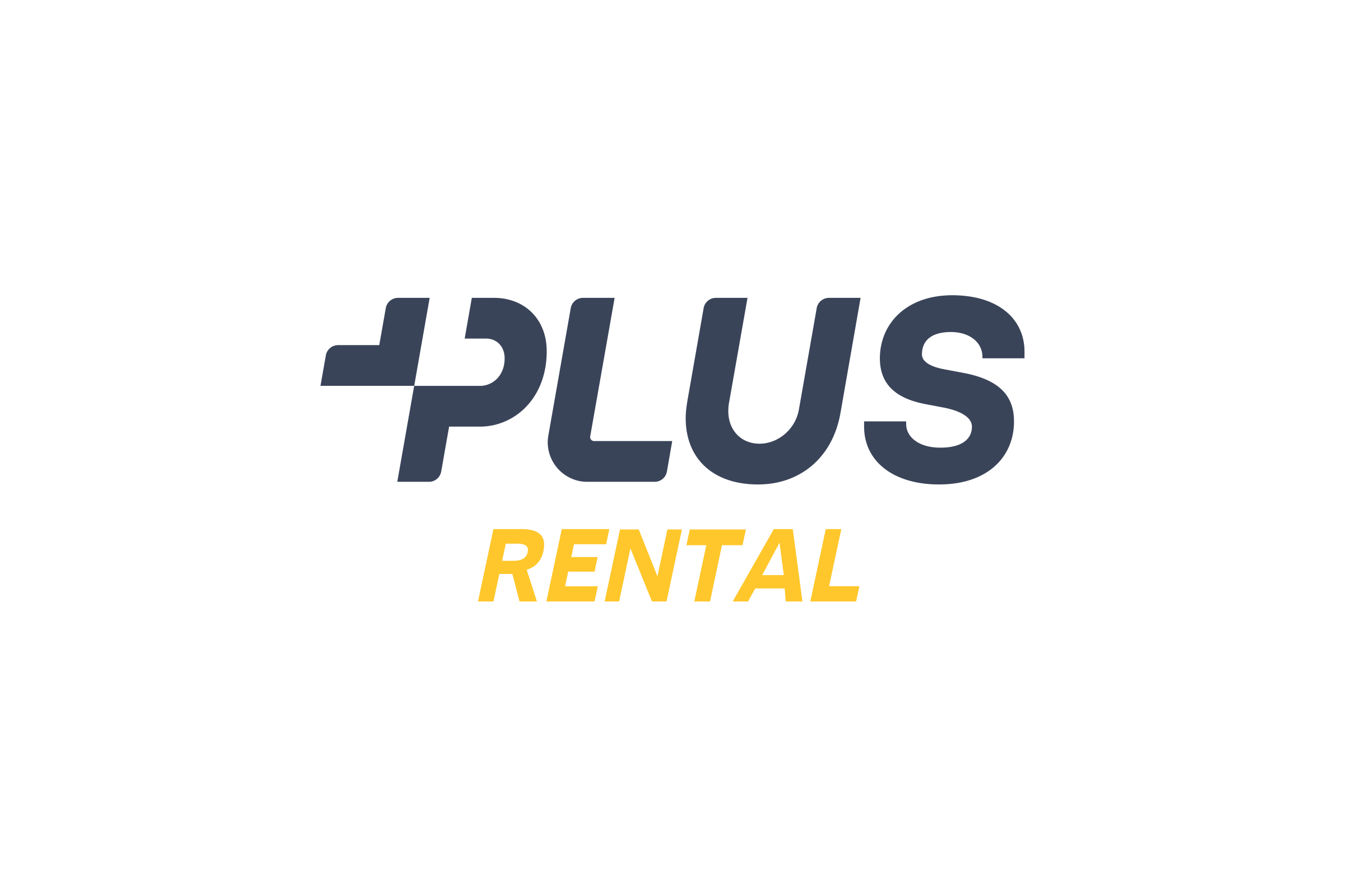 Logo structure: PLUS in slanted slate letters, its P drawn from a plus sign, above RENTAL in yellow italic capitals, on white.