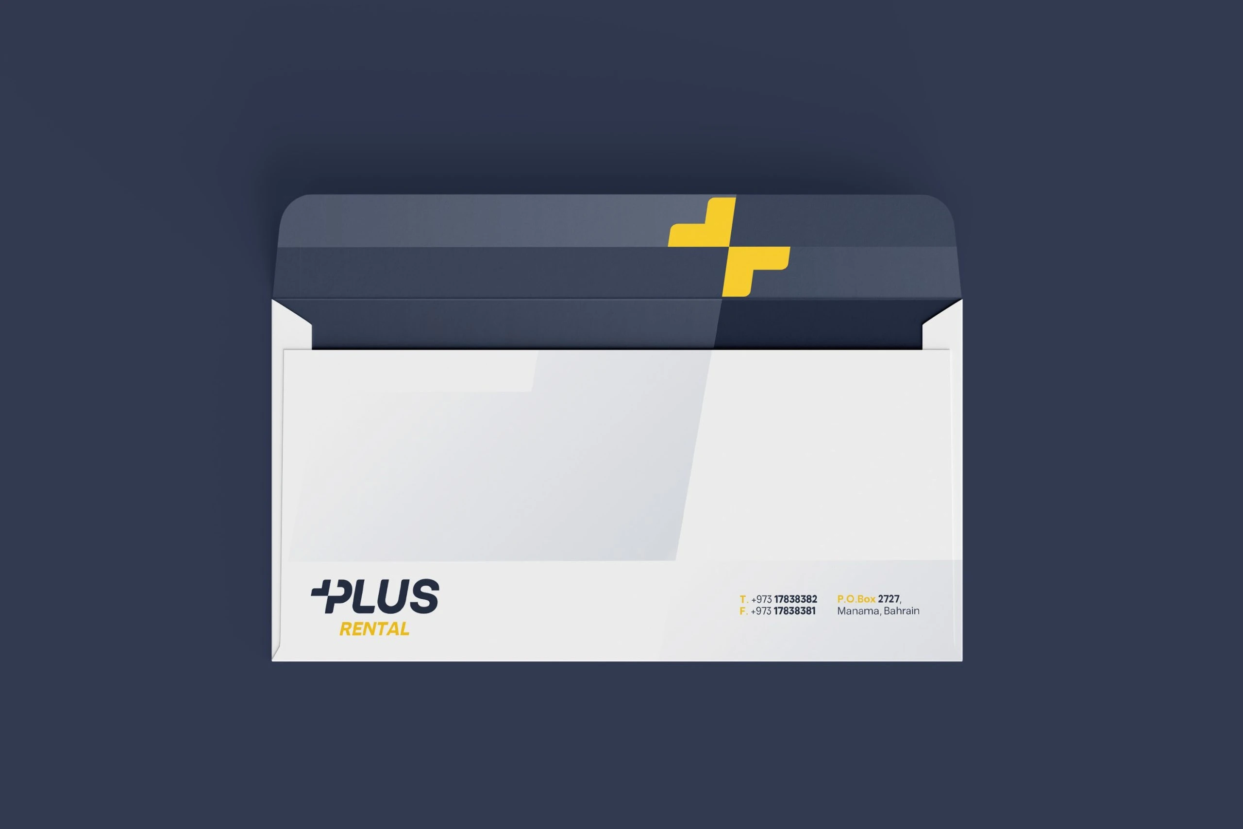 A white envelope on dark slate, its open flap lined in slate bands with a yellow split plus, the Plus Rental logo and contact details along the bottom.