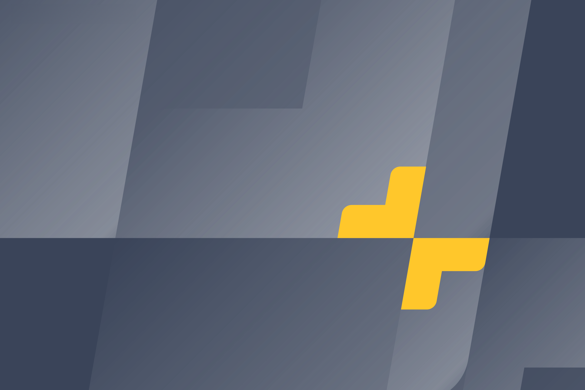 Supporting element: a slanted yellow plus split along a horizontal line, over large, faint slanted shapes in shades of slate grey.