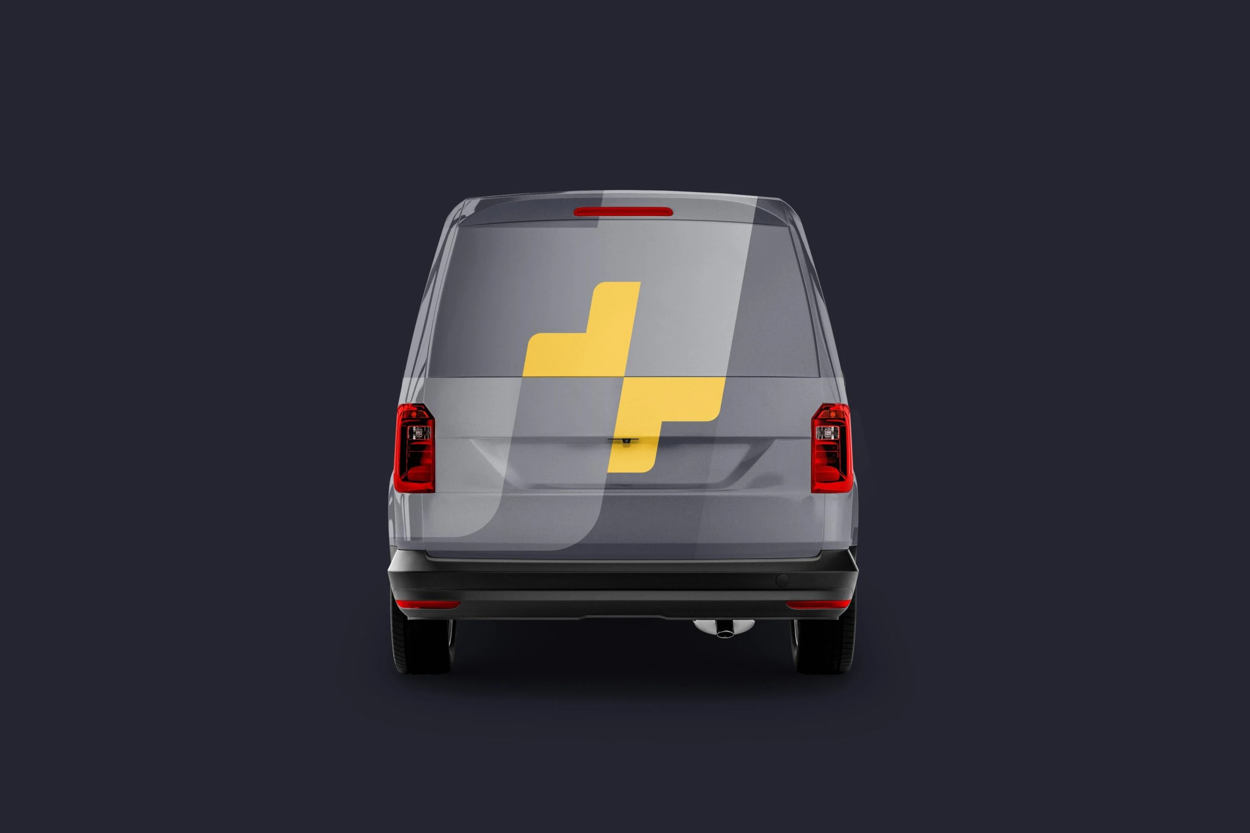 A grey van seen from behind, a large yellow split plus across its rear door and faint slanted panels, on dark navy.