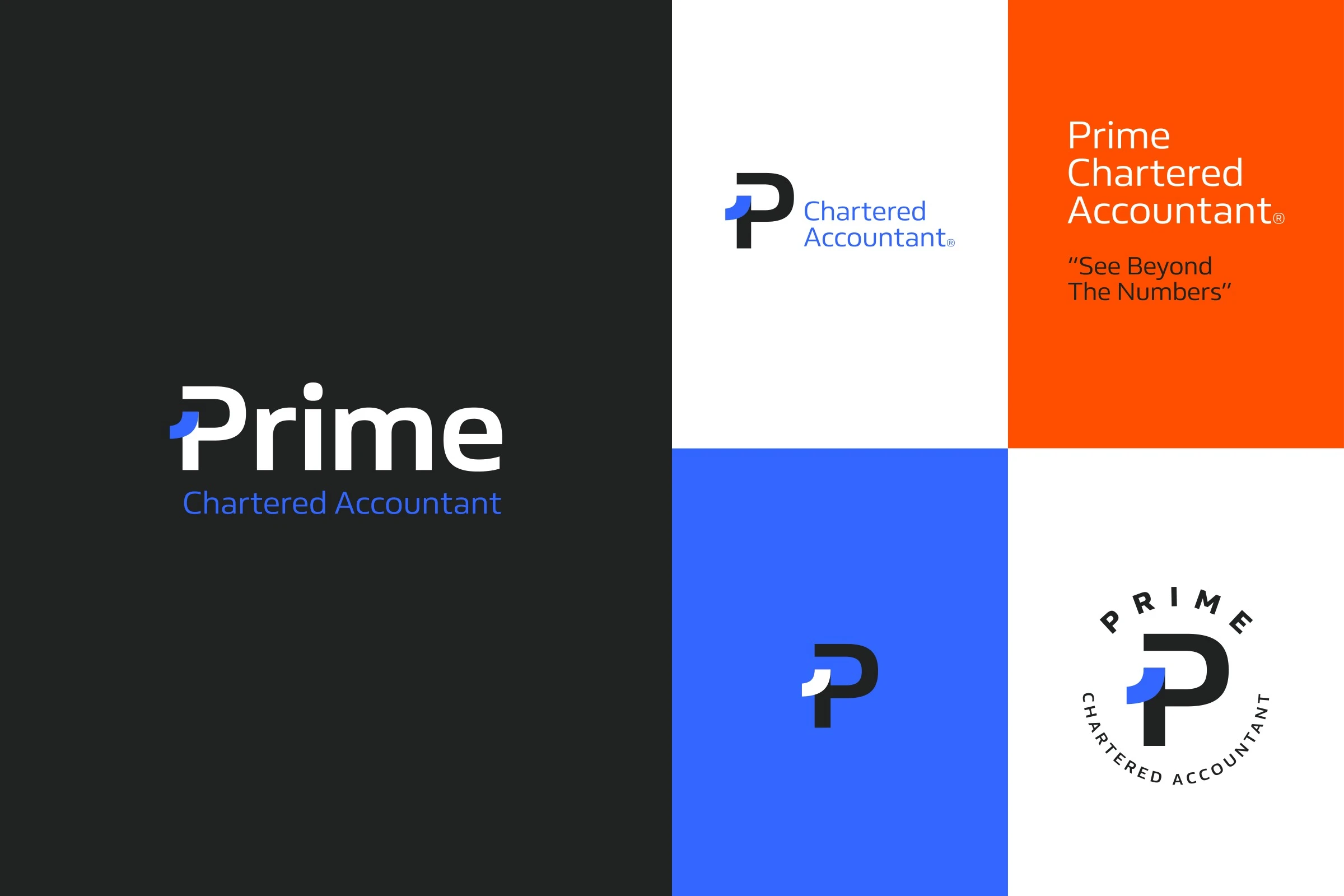 The logo on near-black, white, orange and royal blue panels, with a round badge version reading Prime Chartered Accountant.