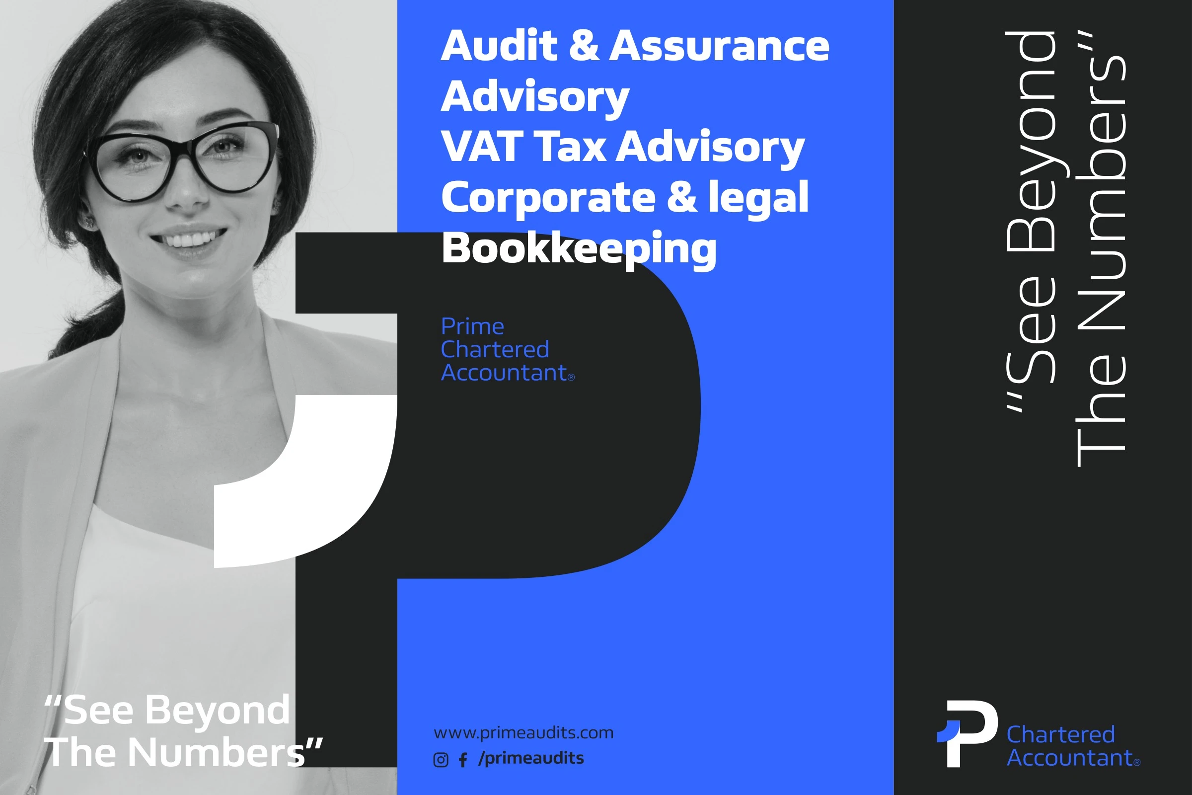 A layout with a black-and-white portrait framed by a large cropped P, the services Audit and Assurance, Advisory, VAT Tax Advisory, Corporate and legal, and Bookkeeping on royal blue, and the line See Beyond The Numbers.