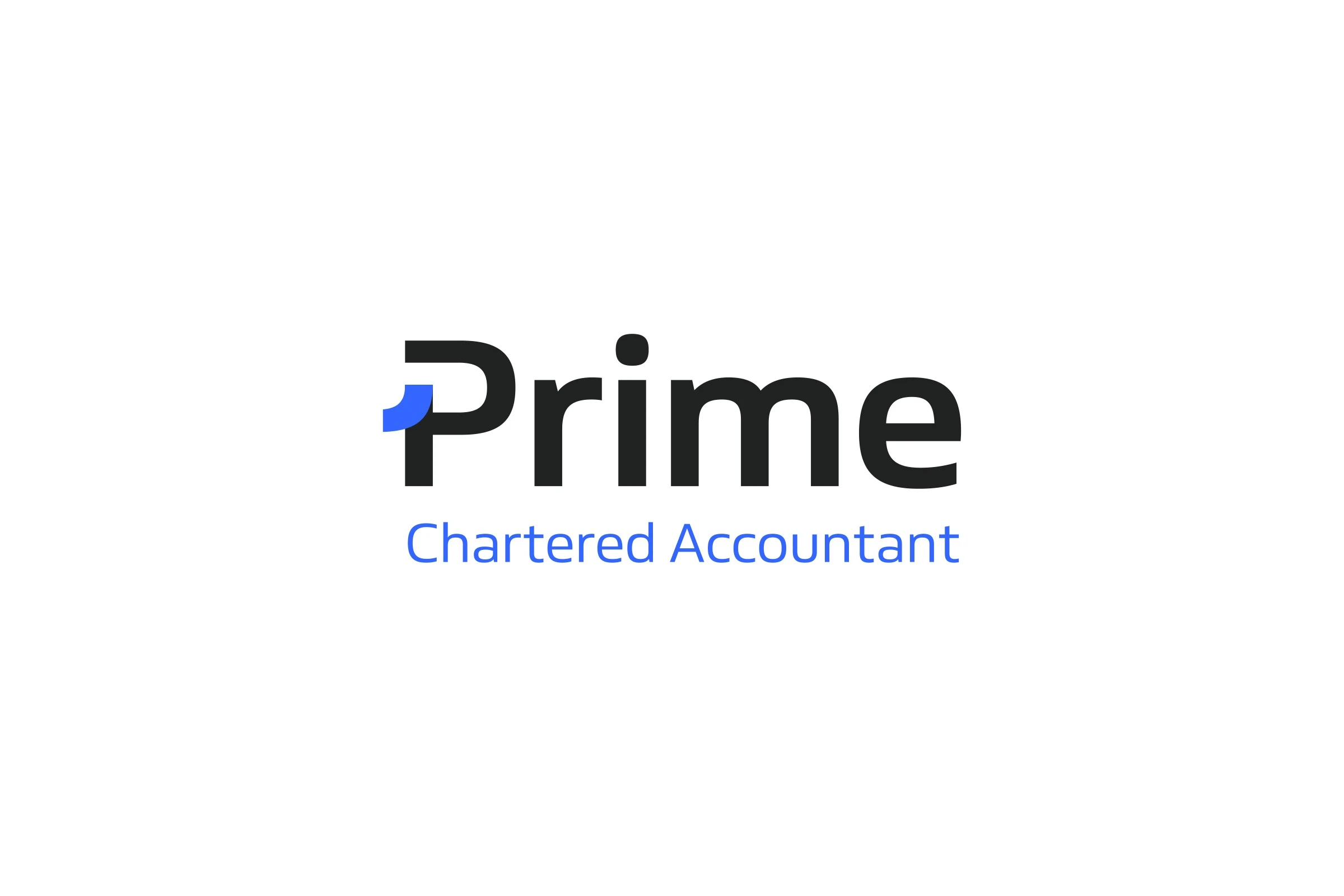 The logo on white: Prime in heavy black letters, the top corner of the P picked out in blue, over Chartered Accountant in blue.