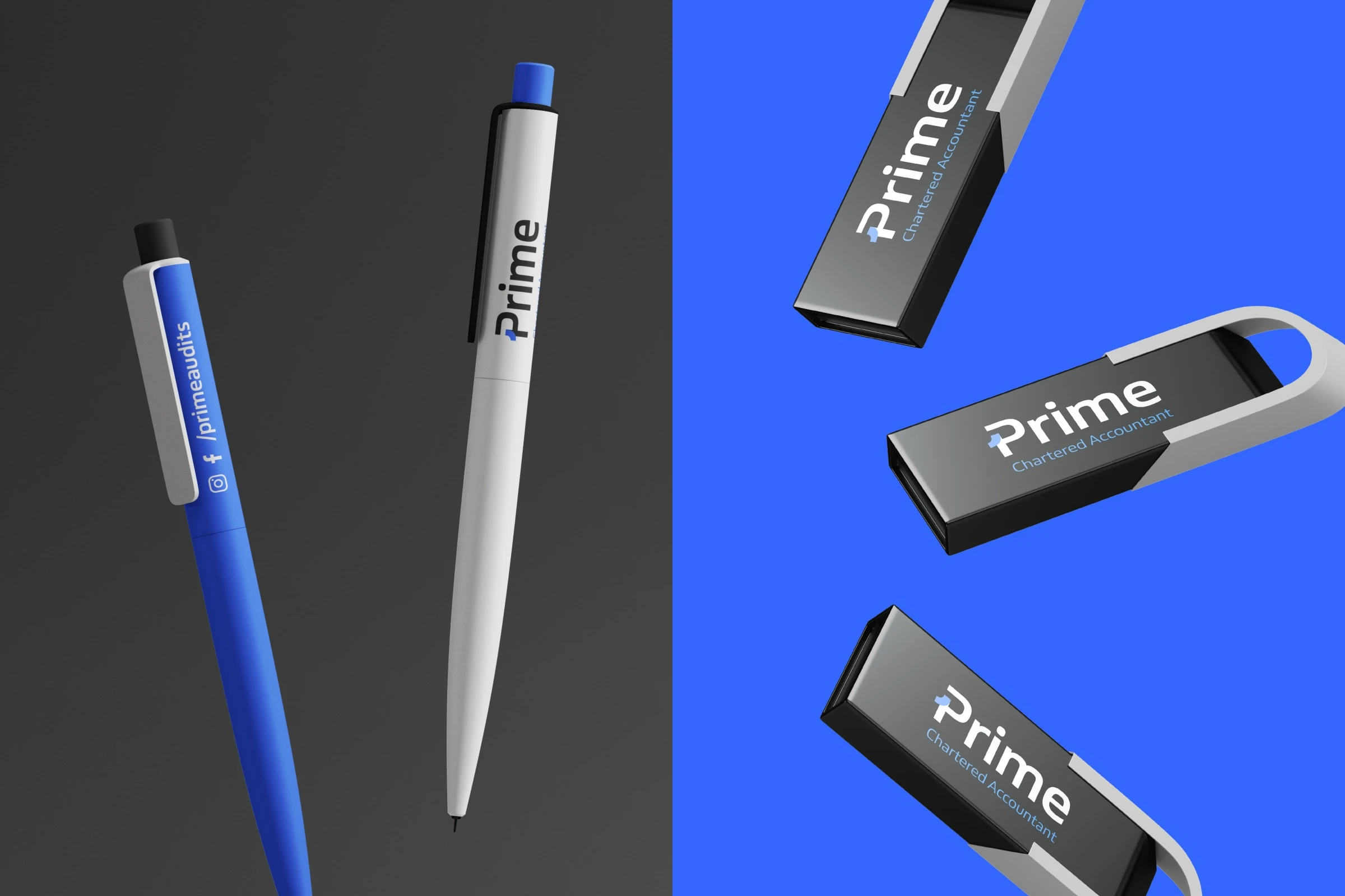 Blue and white pens printed with Prime beside black and silver USB keys on royal blue.