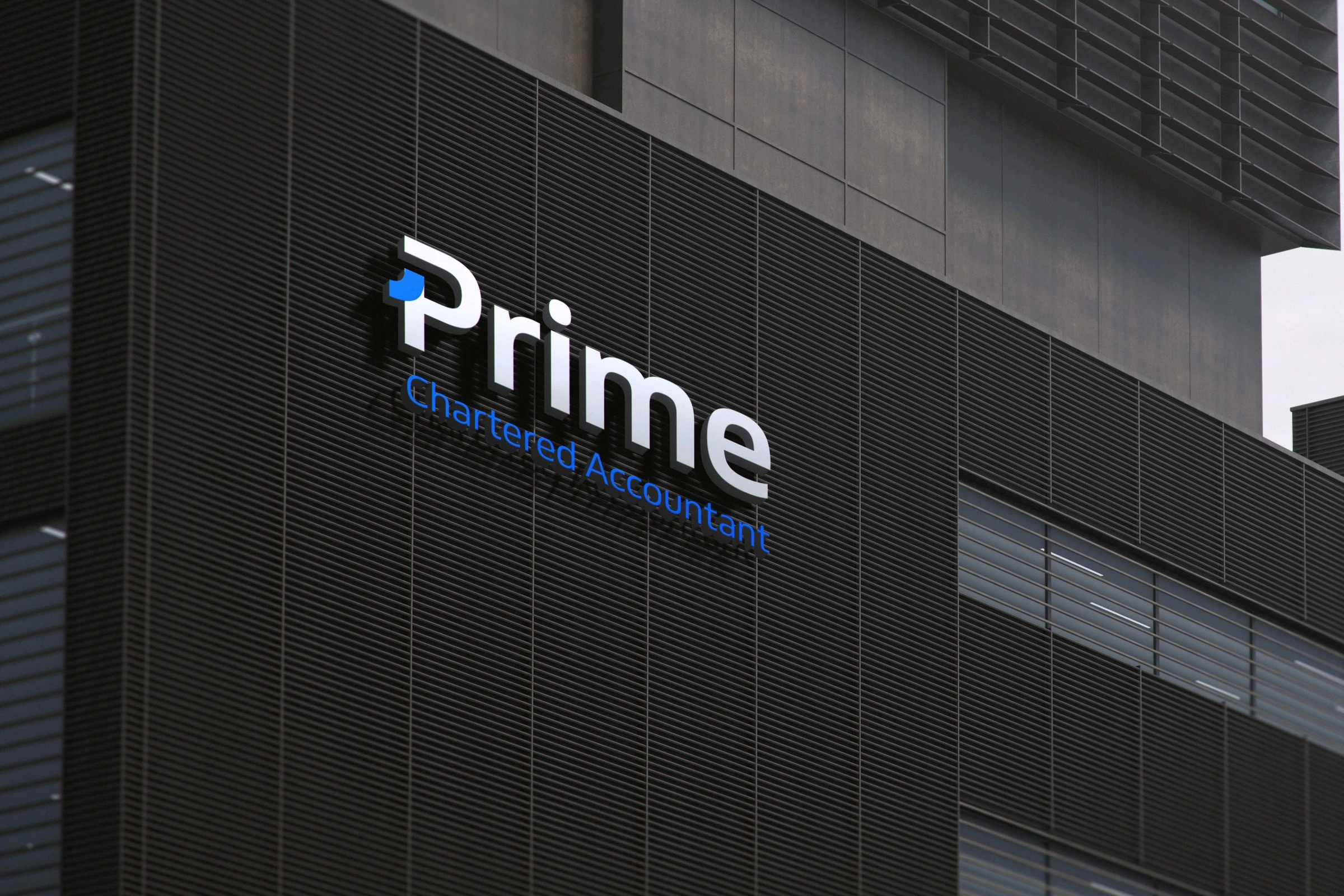 The Prime Chartered Accountant logo as an illuminated sign on a dark ribbed office facade, the P's corner glowing blue.