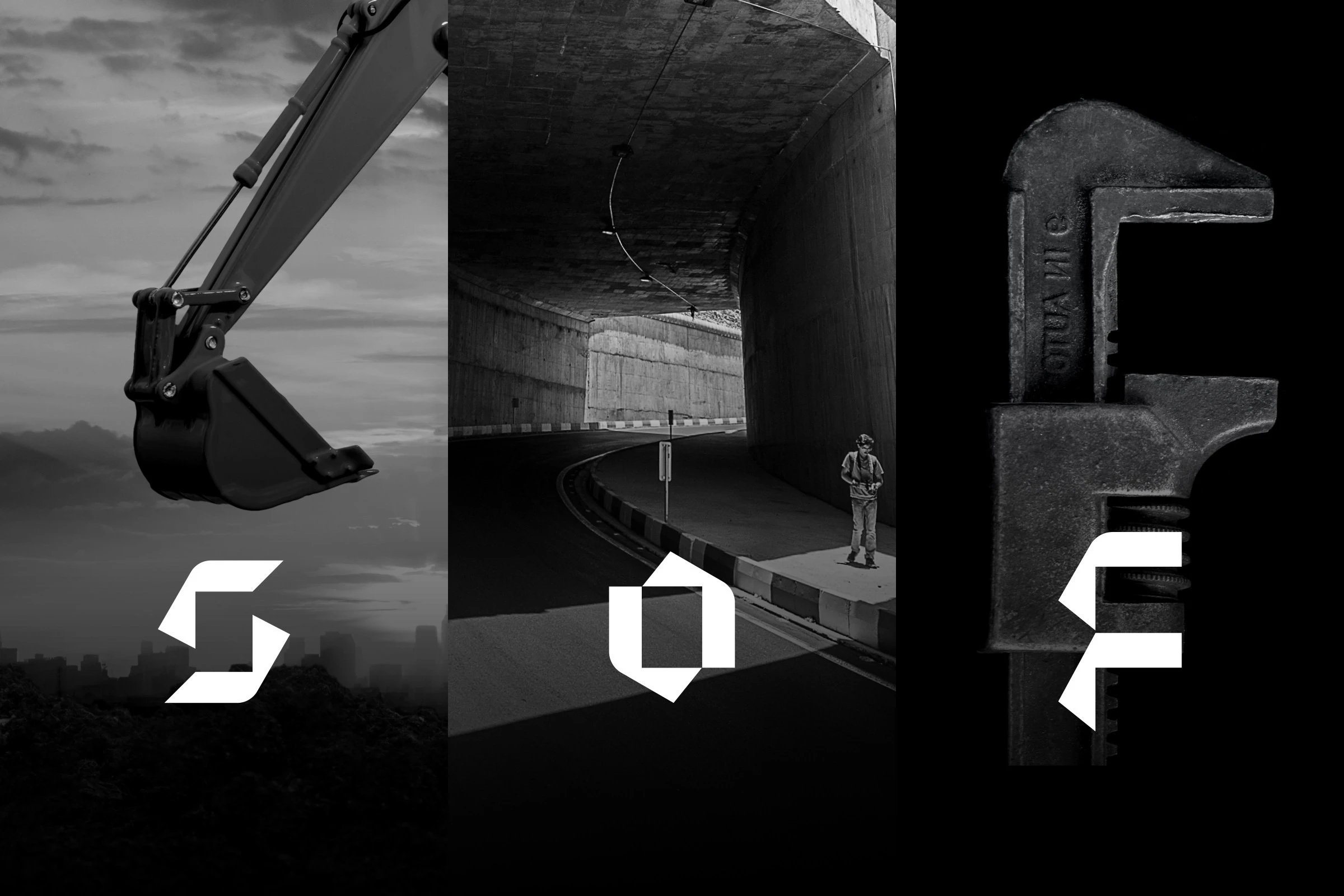 Three black-and-white photographs side by side, an excavator arm, a road tunnel and a pipe wrench, each with one of the three white symbols: the S, the six-sided frame and the F.