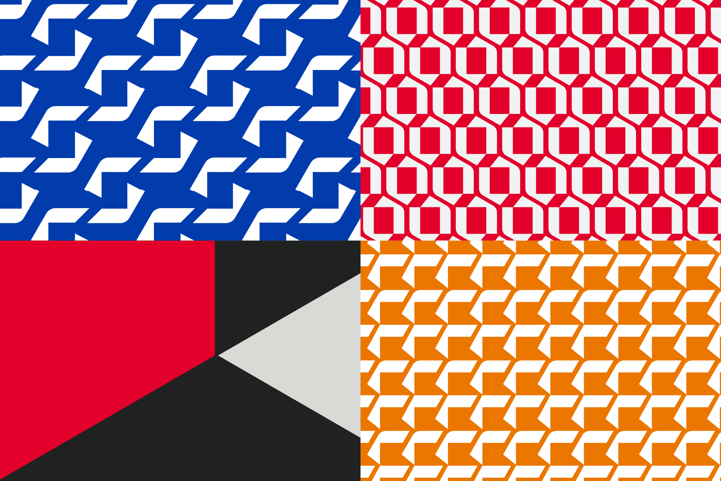 Four patterns: repeated blue S shapes on white, red frames on white, orange F shapes on white, and a block of red, black and light grey triangles.