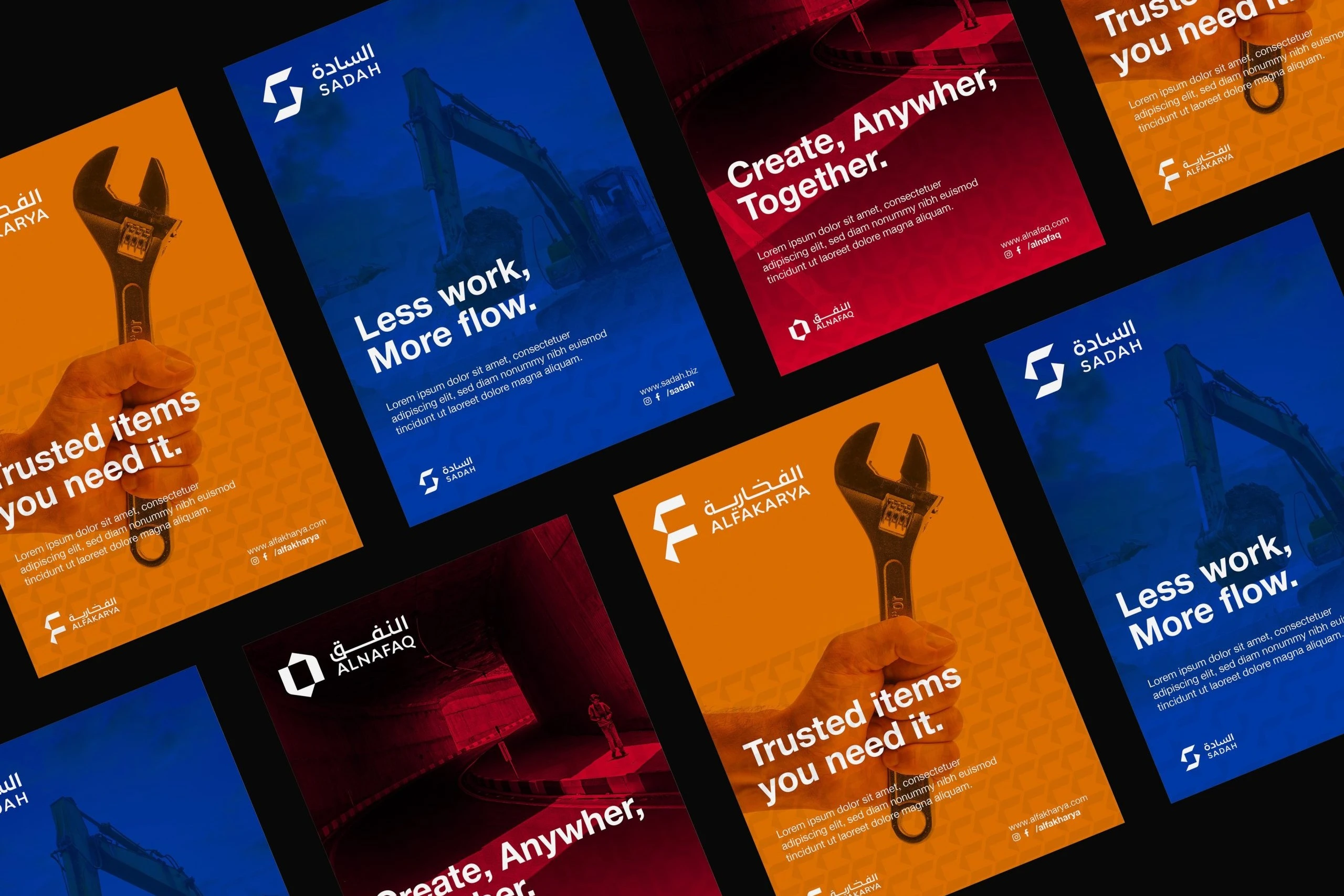 Rows of posters in blue, red and orange, with photographs of tools and machines, the logos, and short headlines.