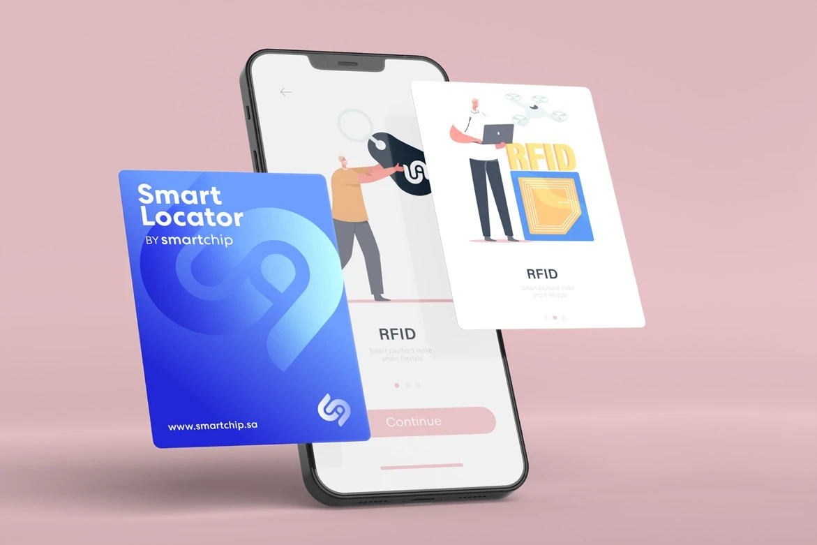 A smartphone app screen and a Smart Locator card, with illustrations of RFID tags, on pink.