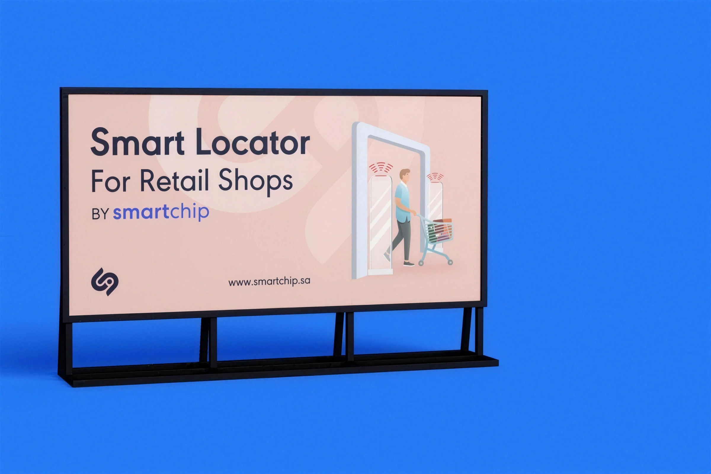 A billboard reading Smart Locator For Retail Shops by smartchip, on blue.
