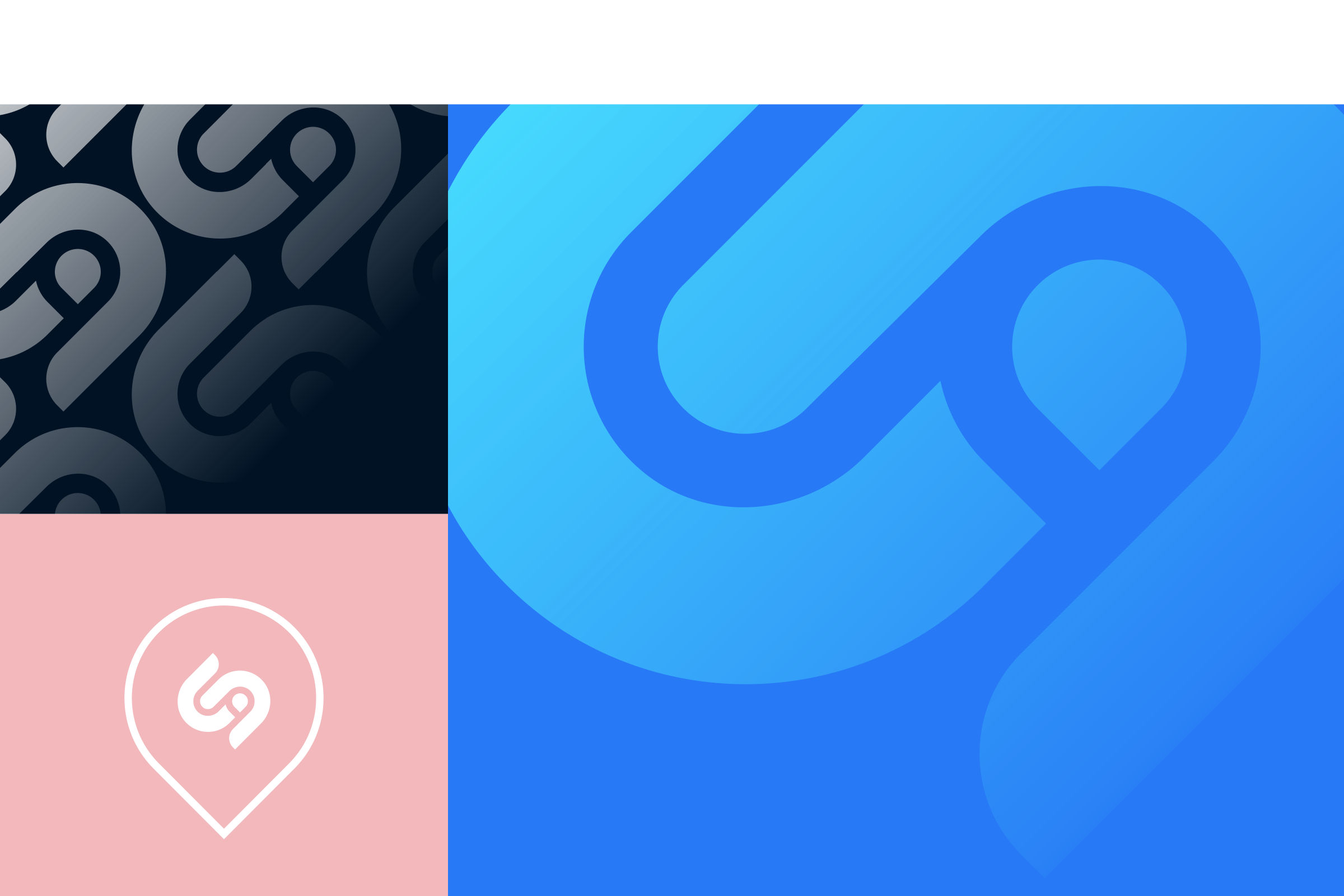 Supporting element: the monogram repeated in outline on dark blue, set in a location pin on pink, and enlarged on blue.