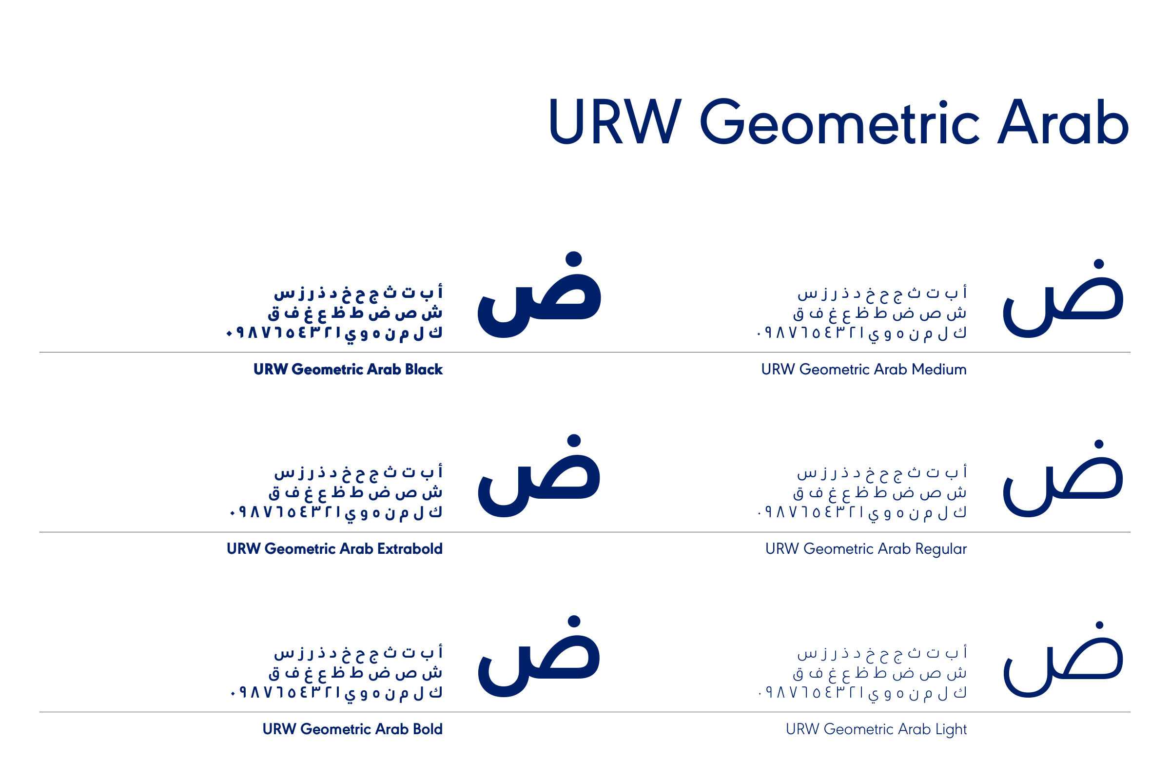 Typography board: URW Geometric Arab Arabic alphabets in six weights.