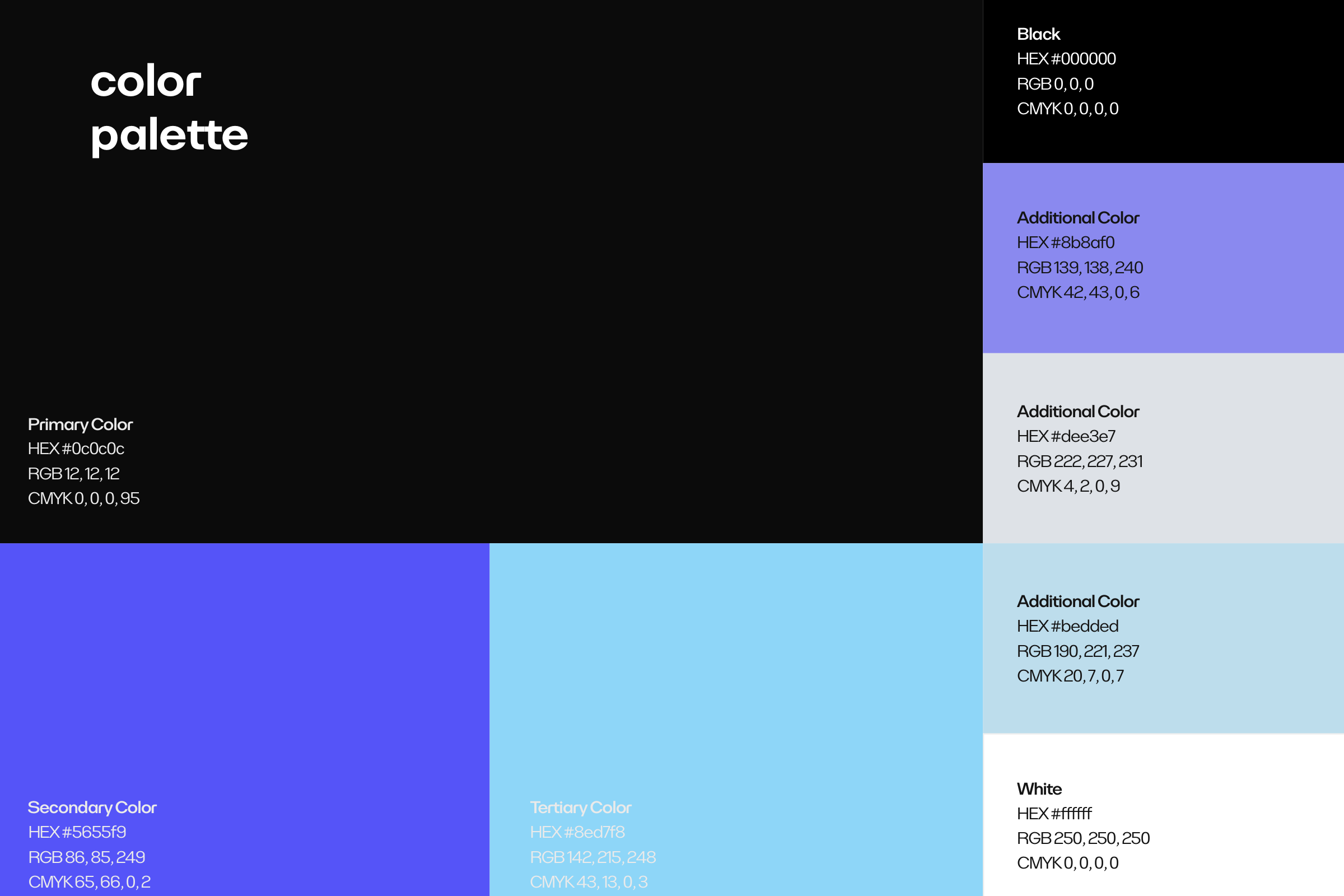 Colour palette: near-black #0C0C0C, violet blue #5655F9 and sky blue #8ED7F8, with #8B8AF0, #DEE3E7, #BEDDED, white and black.