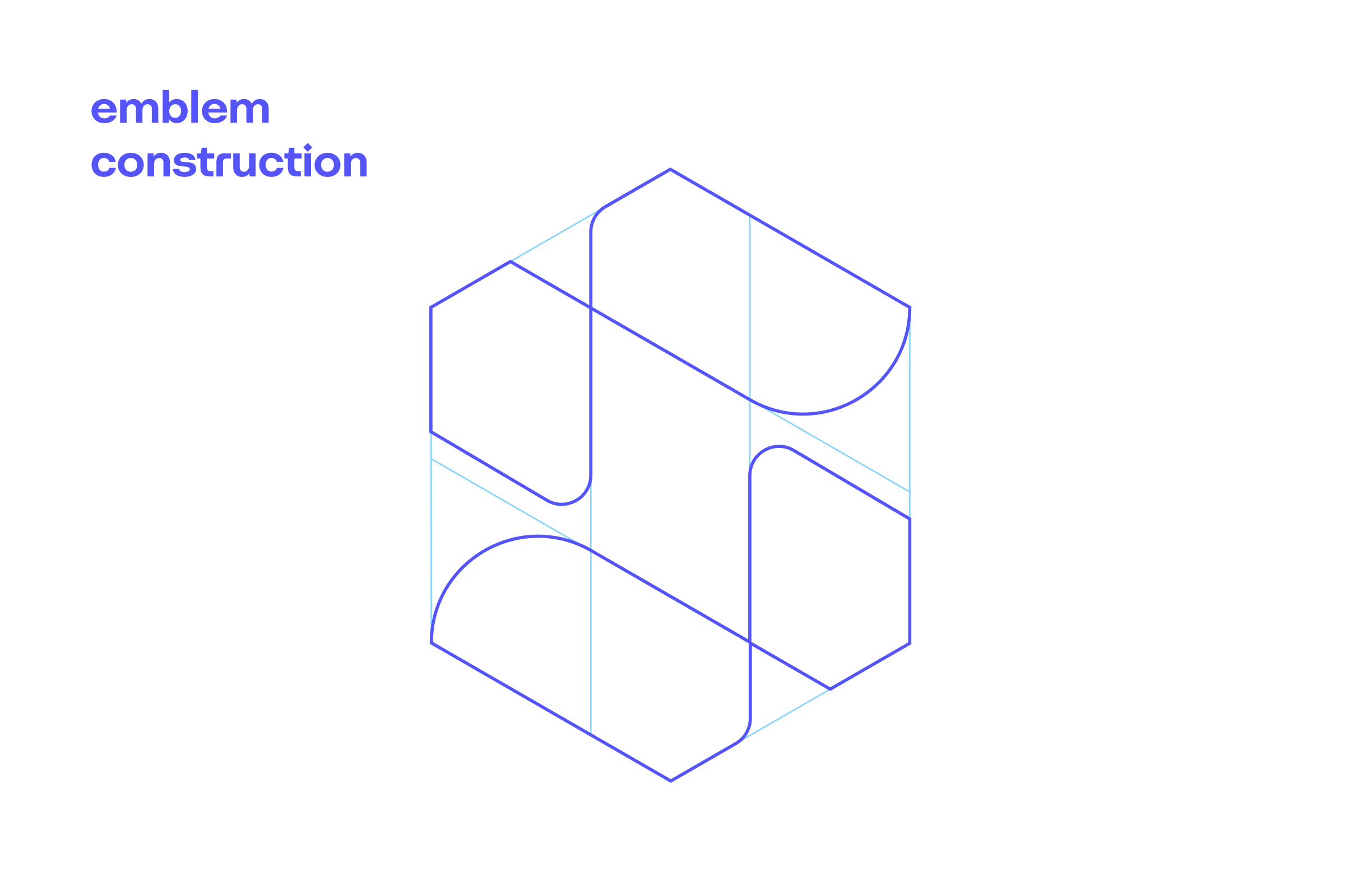 Construction drawing of the emblem: four rounded blocks drawn in violet lines inside a hexagon.