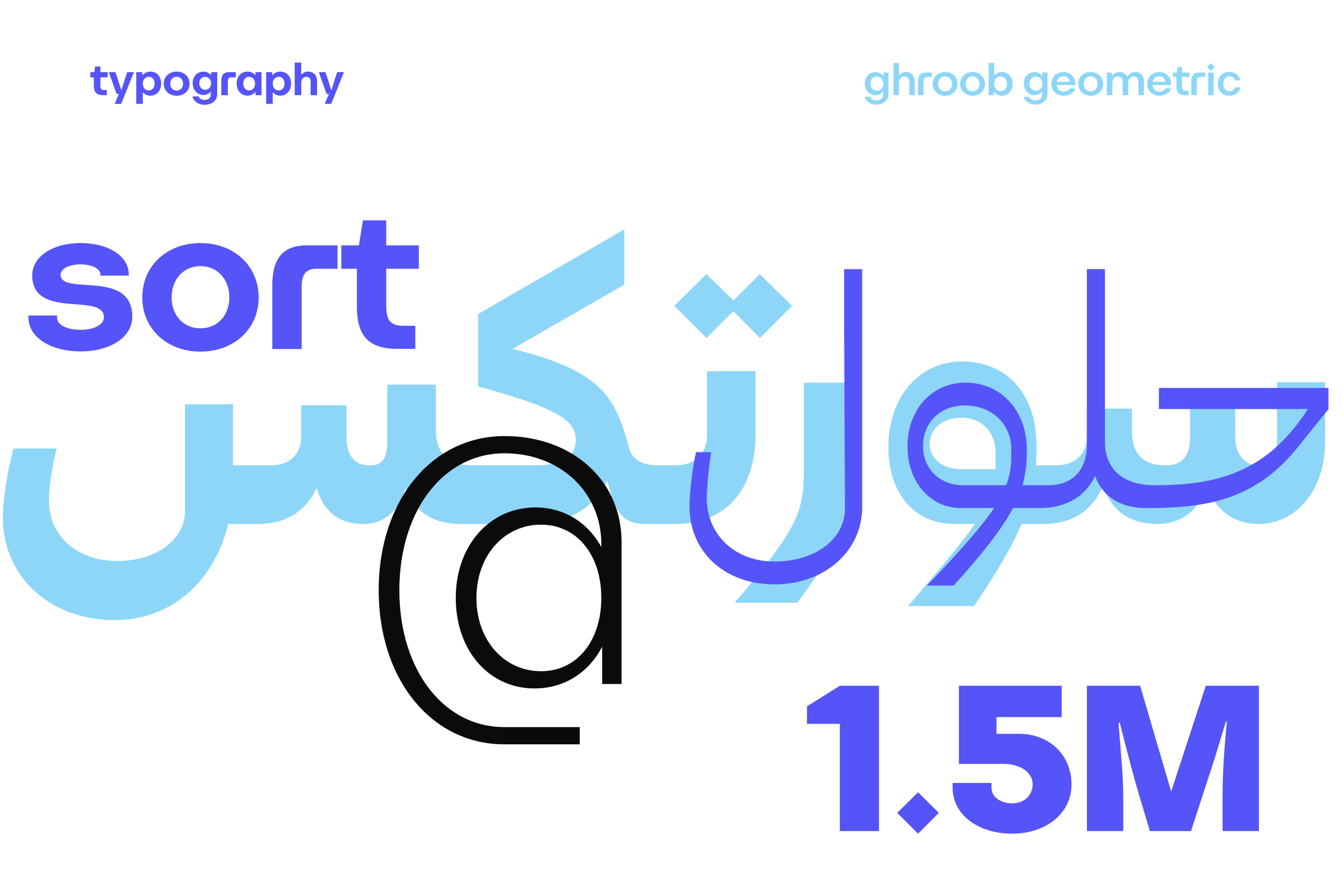 Type board in Ghroob Geometric: the word sort, an @ sign, 1.5M and Arabic lettering in violet, sky blue and black.