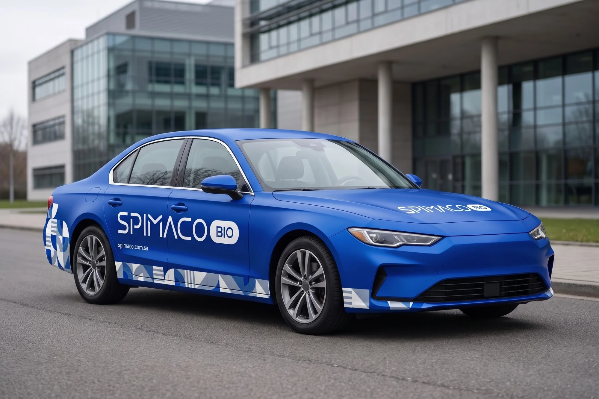 A matt blue saloon outside an office building, with SPIMACO BIO and spimaco.com.sa in white on its doors, the logo on the bonnet and a strip of the pattern along its sills.