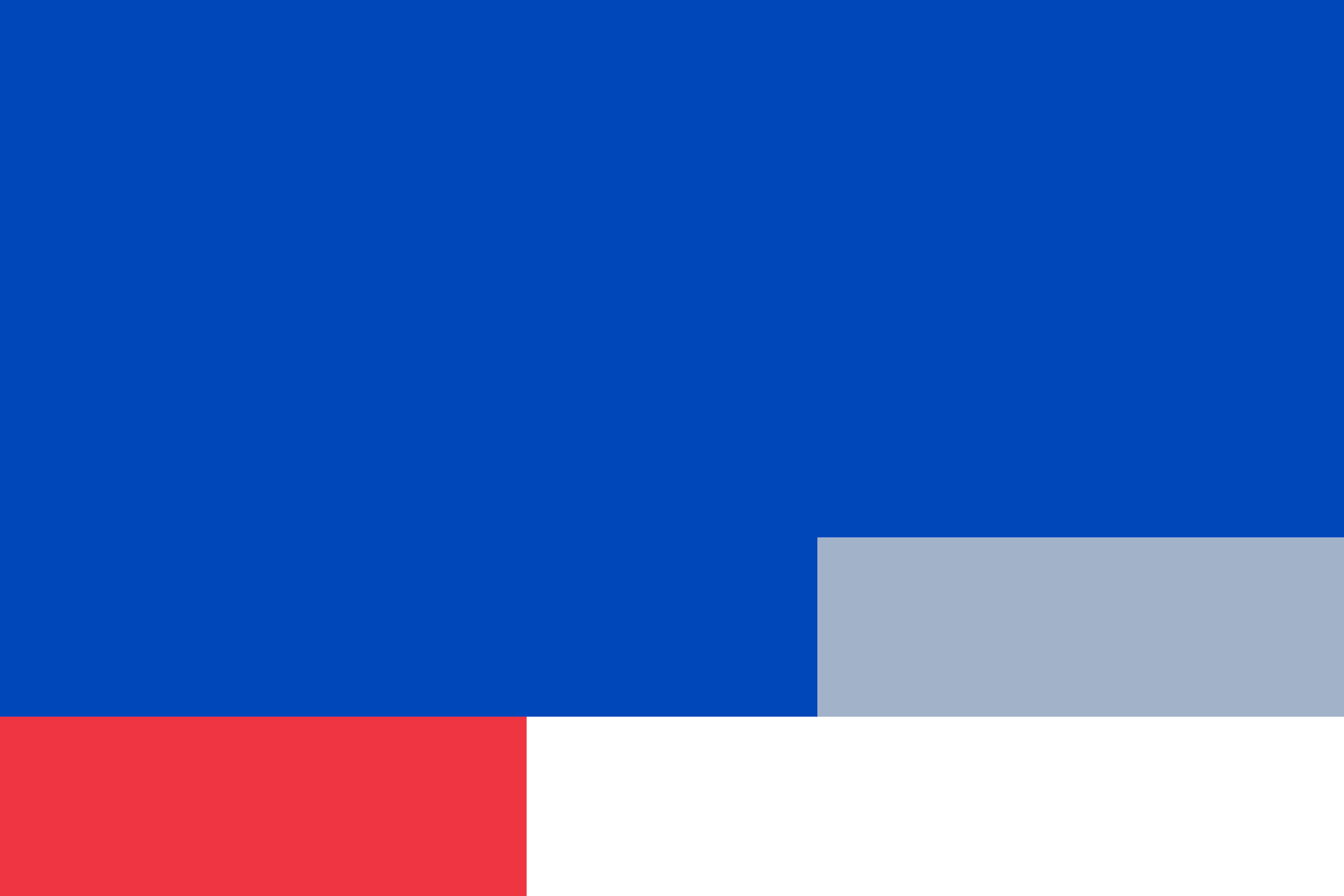 Colour blocks: a large field of blue with grey-blue, red and white.