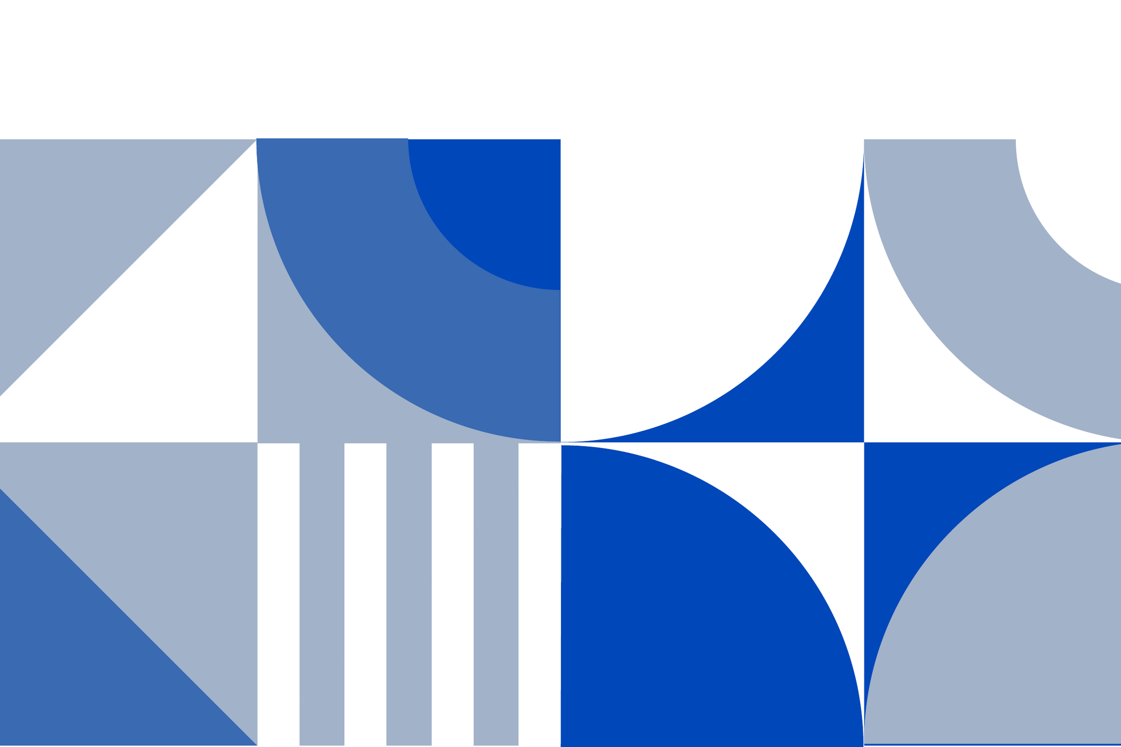 A pattern of quarter circles, triangles, arcs and vertical stripes in two blues, grey-blue and white.