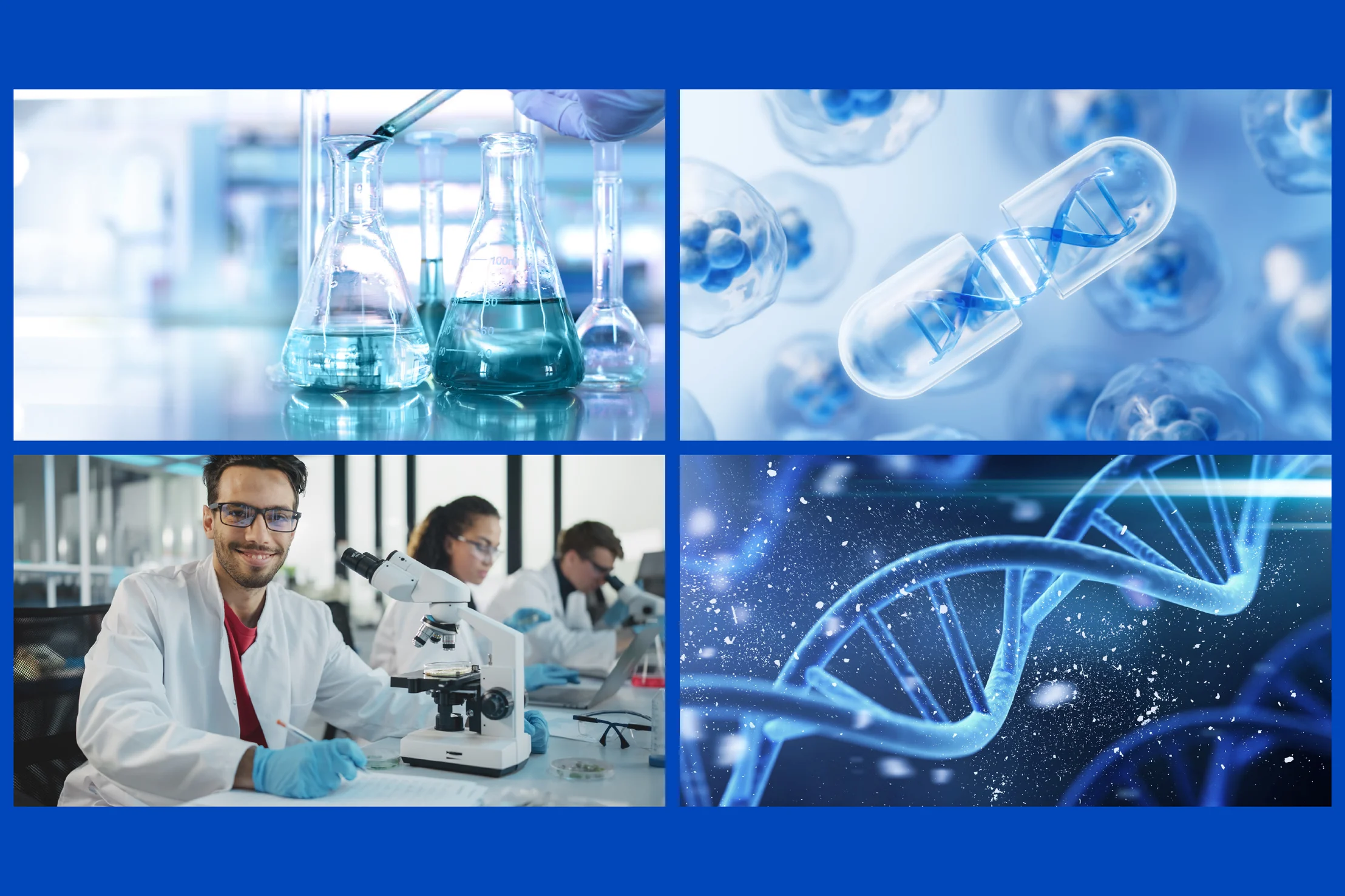 Four photographs on blue: flasks of blue liquid under a pipette, clear capsules holding a DNA strand among cells, a smiling scientist in a white coat at a microscope, and a glowing DNA helix.
