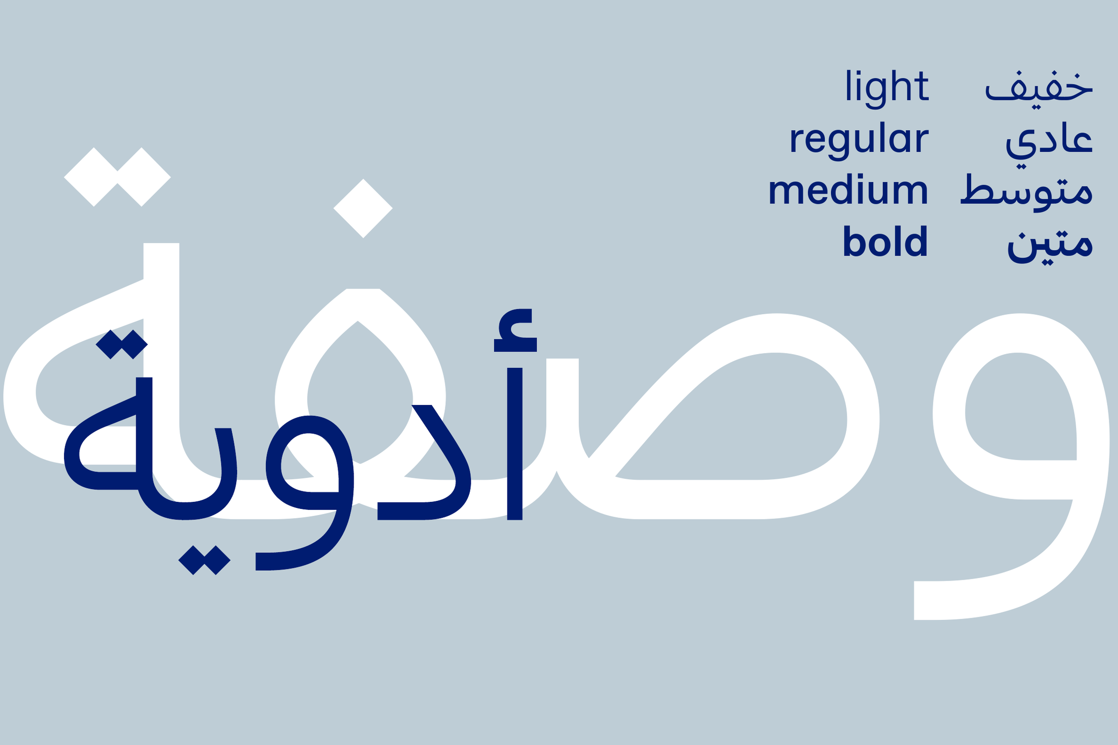 Type specimen on pale blue-grey: أدوية in navy over a large white وصفة, with the weights from light to bold in English and Arabic.