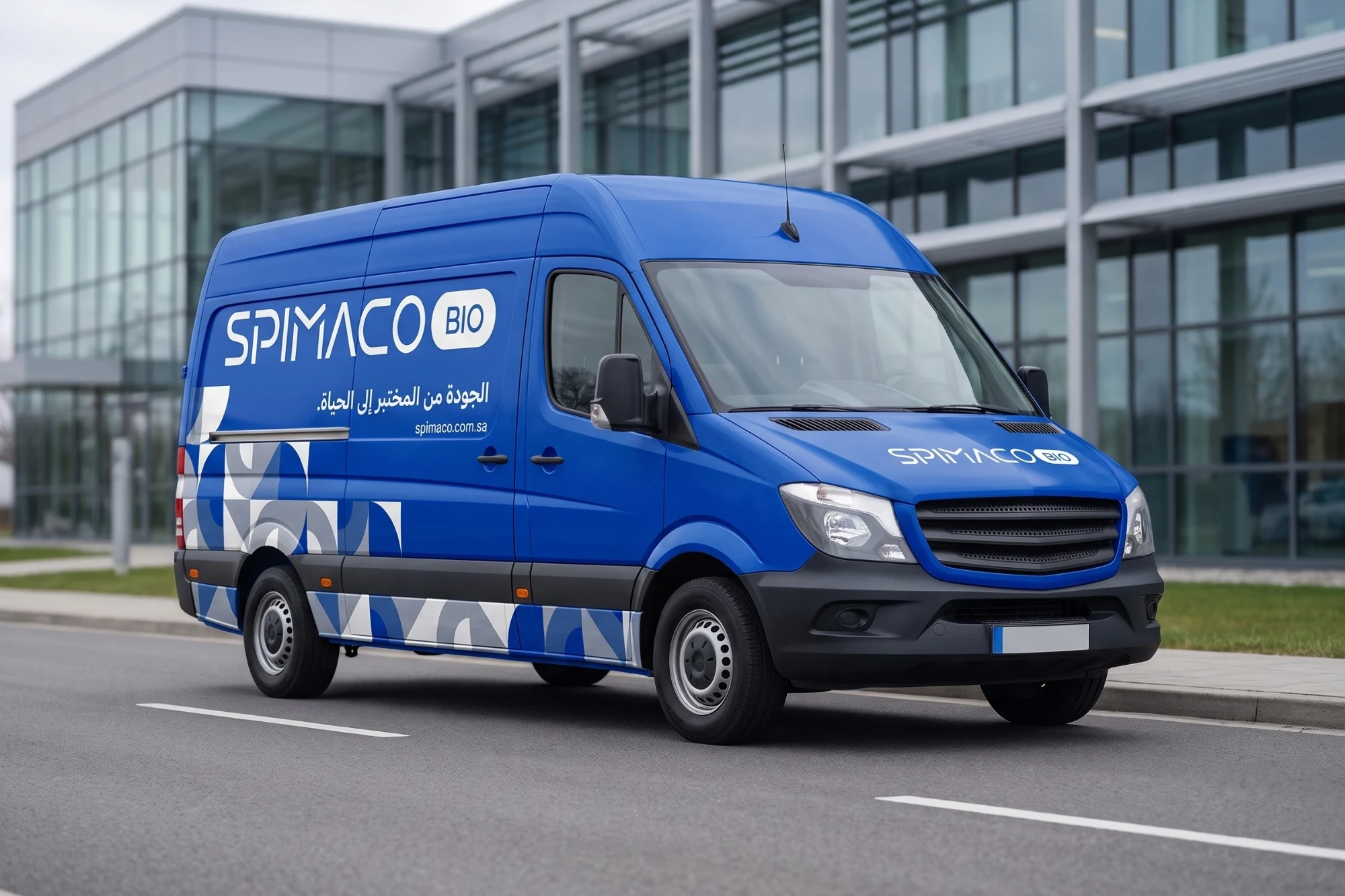 A blue delivery van outside a glass office building, with SPIMACO BIO in white on its side above الجودة من المختبر إلى الحياة and spimaco.com.sa, the logo on the bonnet and the blue, grey and white pattern along its lower panels.