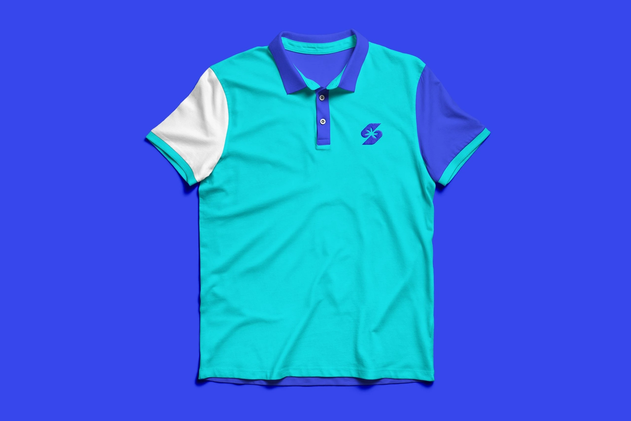 A turquoise polo shirt with blue collar and white sleeves, the symbol on the chest, on royal blue.