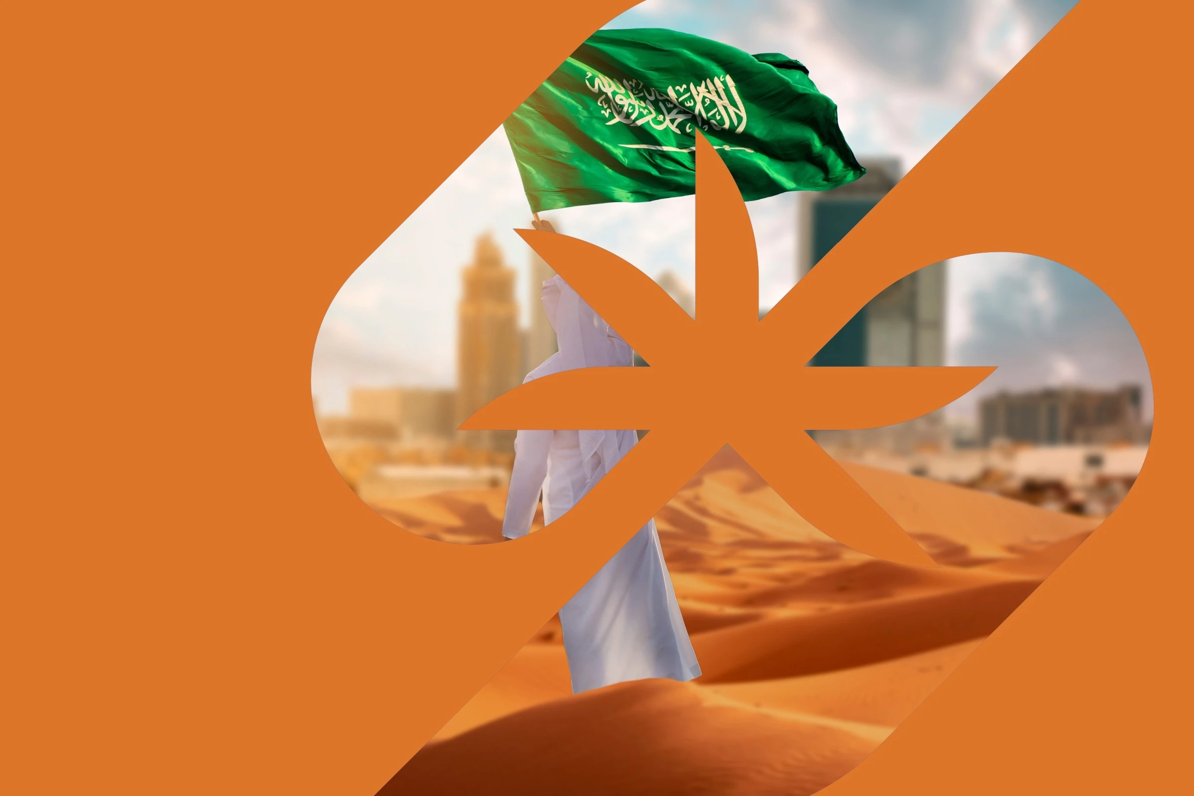 The symbol cut as a window on orange, showing a man in a white thobe holding up the Saudi flag on a desert dune before a city skyline.