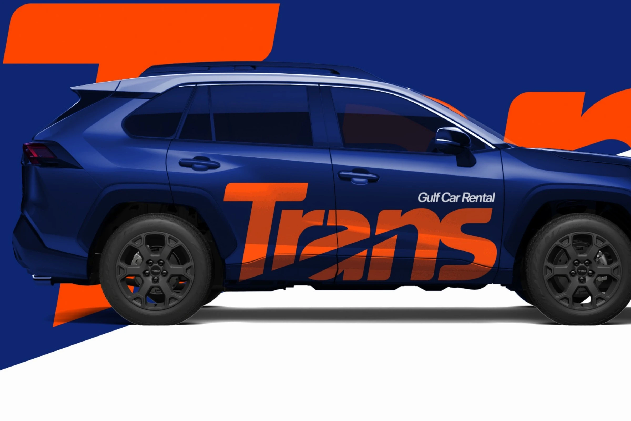 A navy SUV with the orange Trans logotype along its side and Gulf Car Rental in white, against a navy backdrop with large cropped orange letters.
