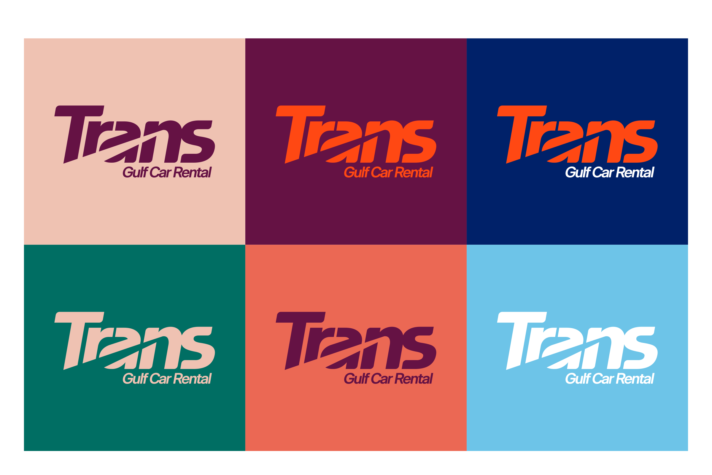 Logo colour options: the logotype on six tiles, purple on pale peach, orange on purple, orange and white on navy, pale peach on green, purple on coral and white on light blue.