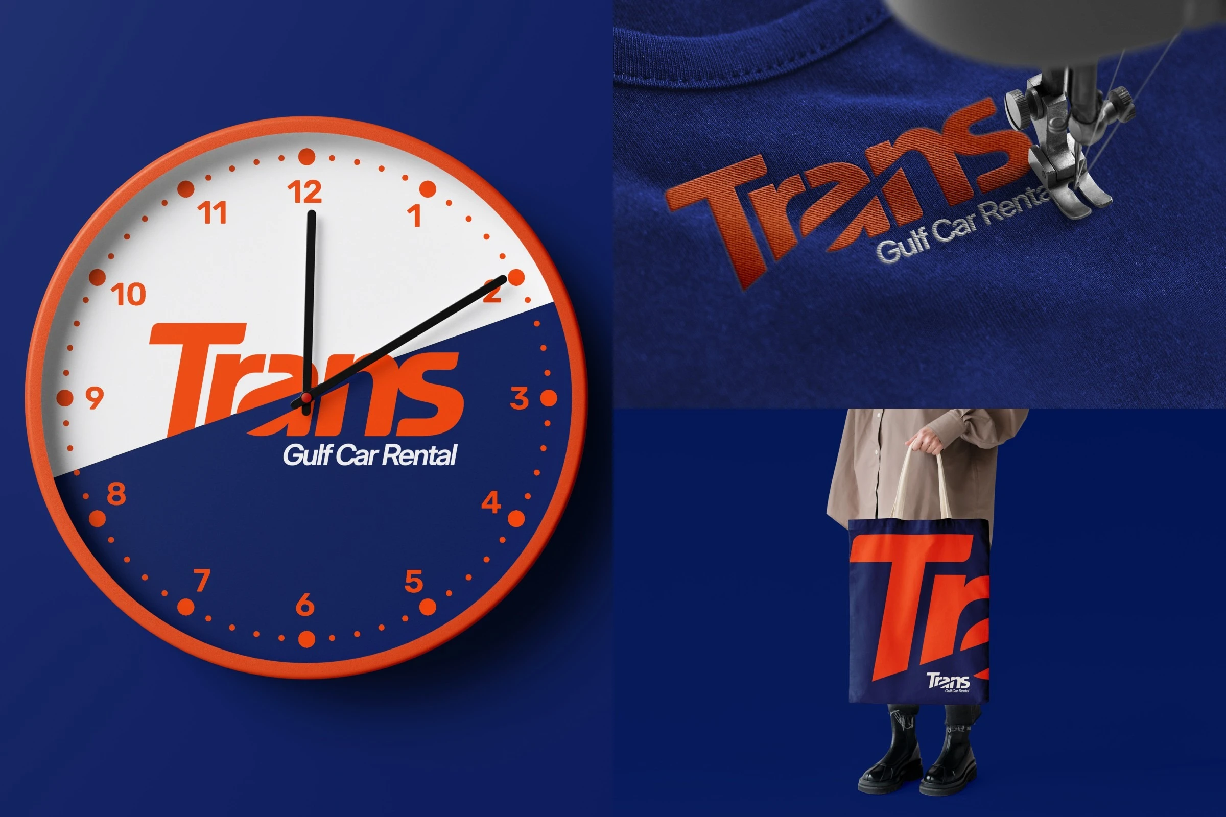 Corporate giveaways on navy: a wall clock with an orange rim and the logo on its face, the logo embroidered on a navy shirt, and a navy tote bag with a large Tr.