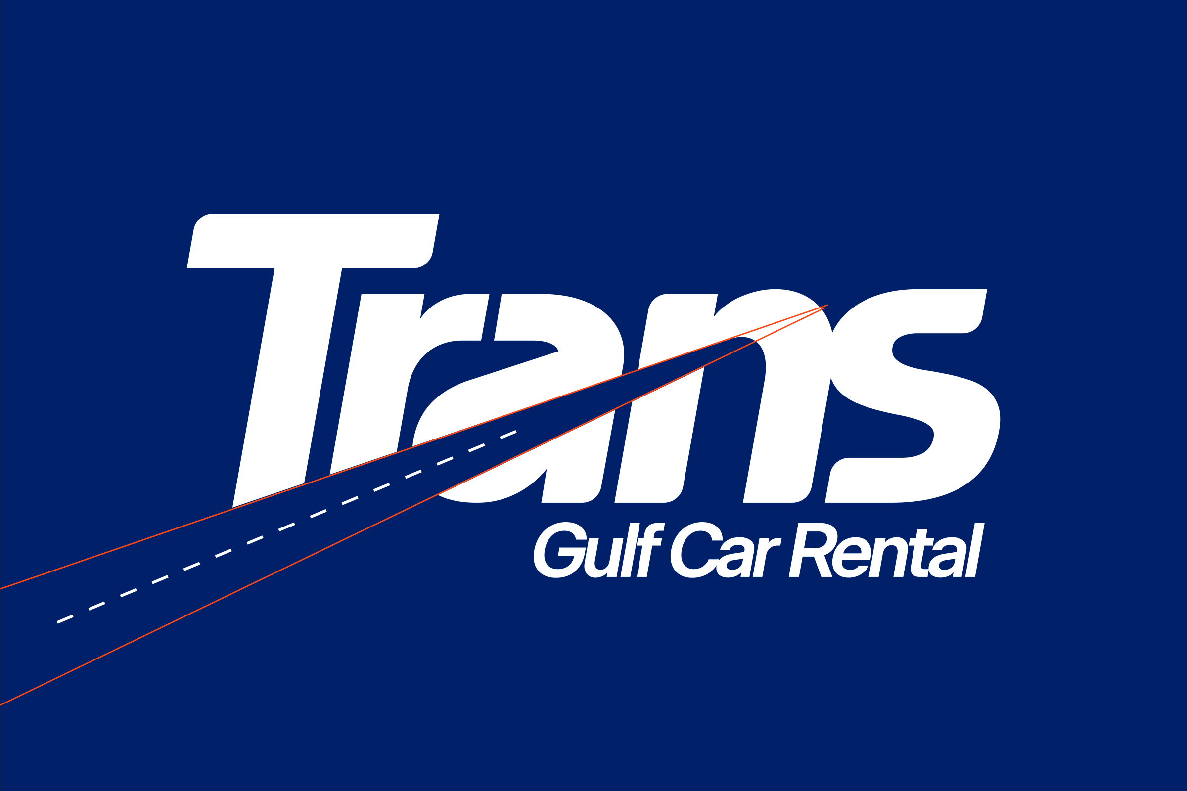 The Trans logotype in white on navy with Gulf Car Rental below, and two thin orange lines and a white dashed line drawing a road in perspective through the cut.