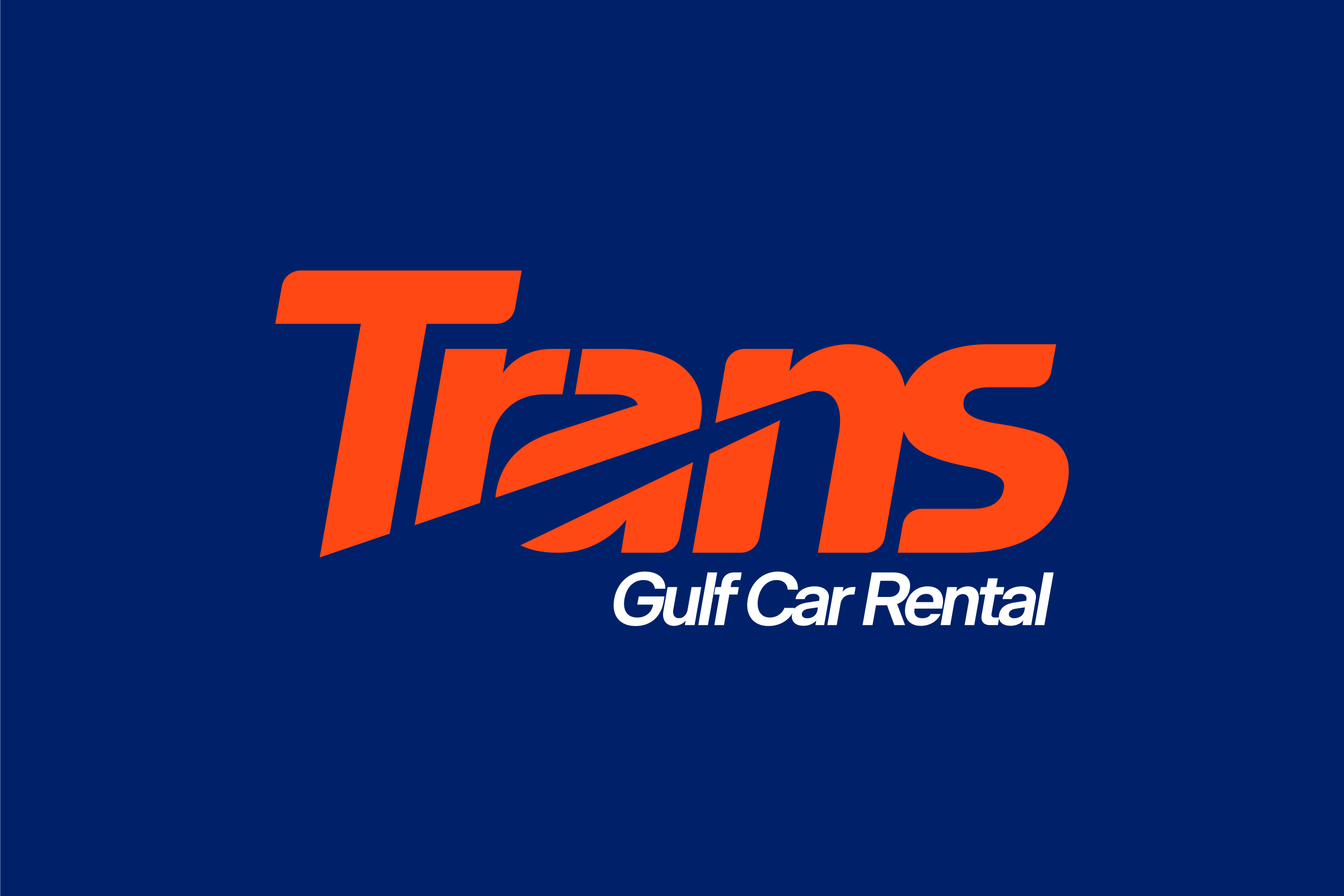 The Trans logotype in orange with Gulf Car Rental in white below, on navy, a tapering diagonal cut running through the letters.