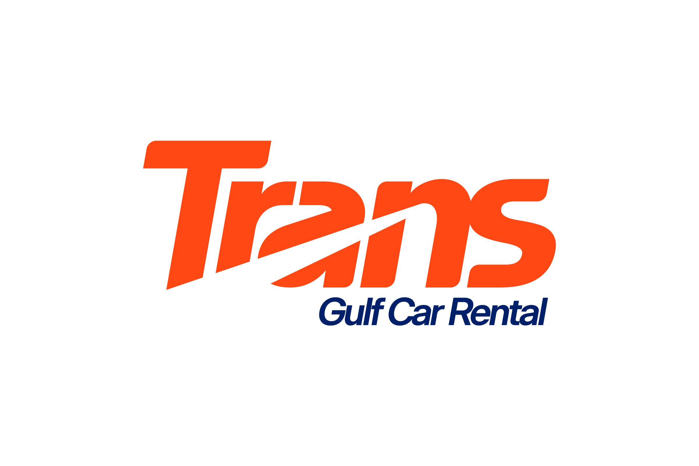 The Trans logotype in orange with Gulf Car Rental in navy below, on white, a tapering diagonal cut running through the letters.