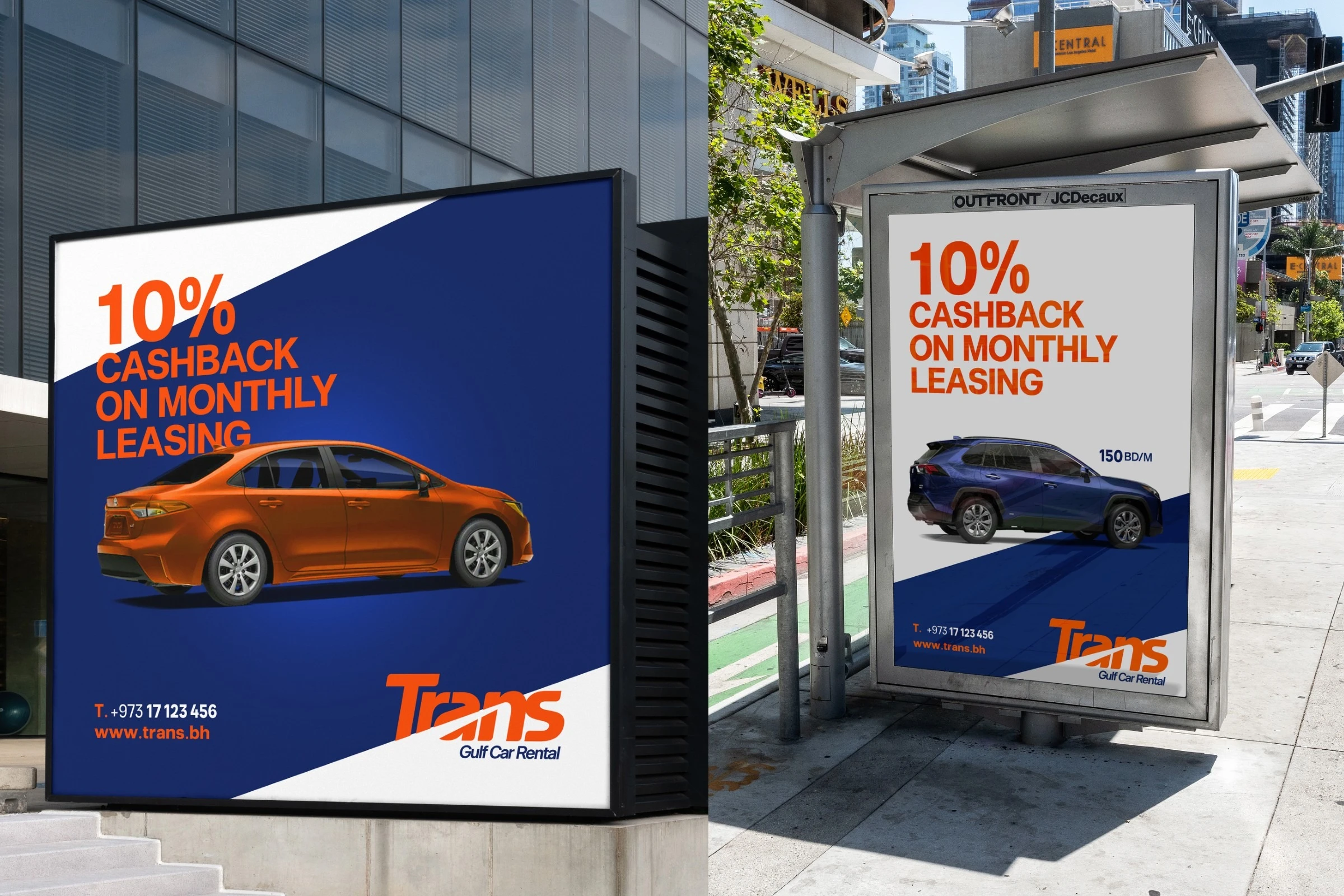 A street billboard and a bus shelter poster, both reading 10% Cashback on Monthly Leasing, each with a car and the Trans logo on navy and white.