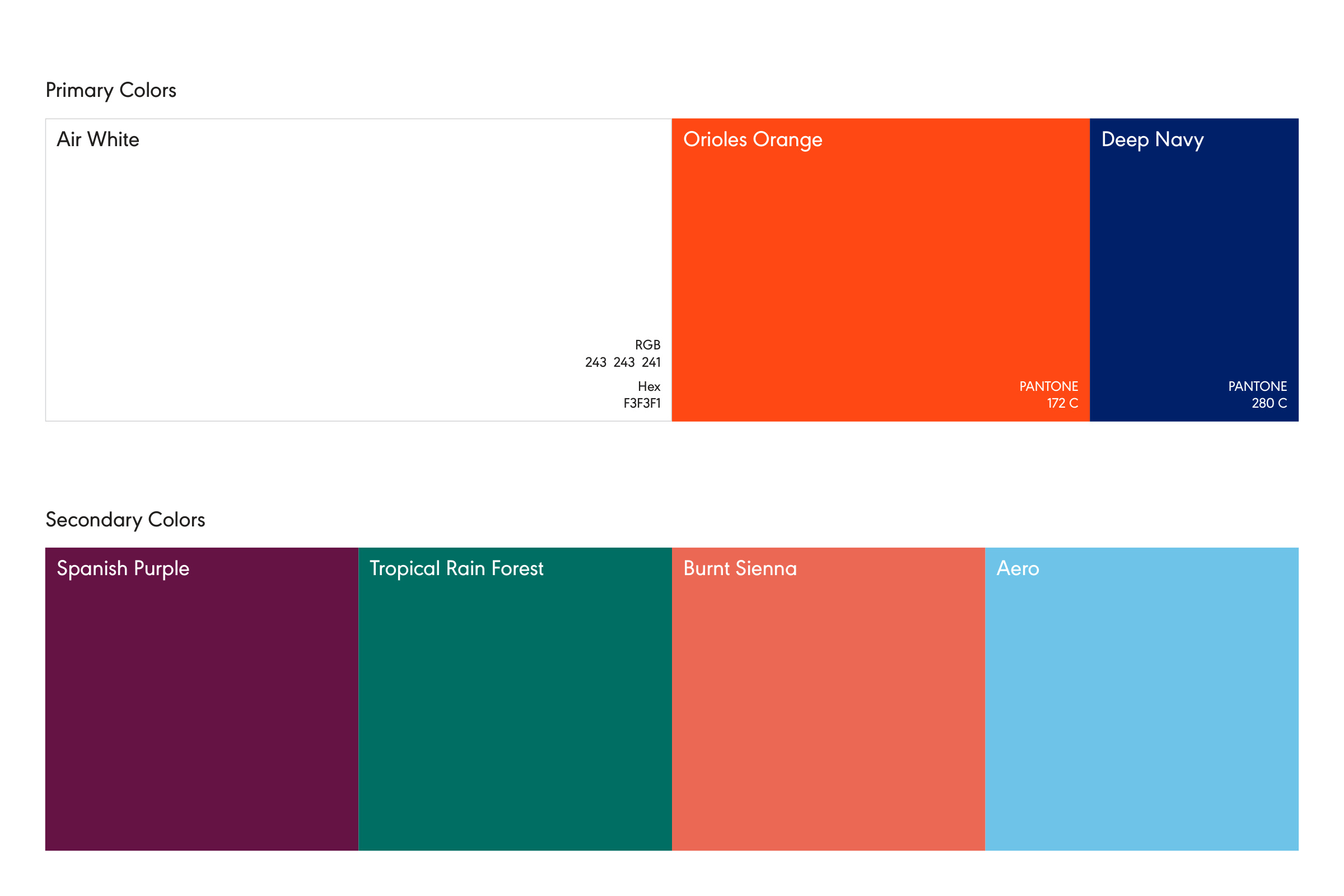 Colour palette: Air White, Orioles Orange and Deep Navy as primary colours, with Spanish Purple, Tropical Rain Forest, Burnt Sienna and Aero as secondary colours.