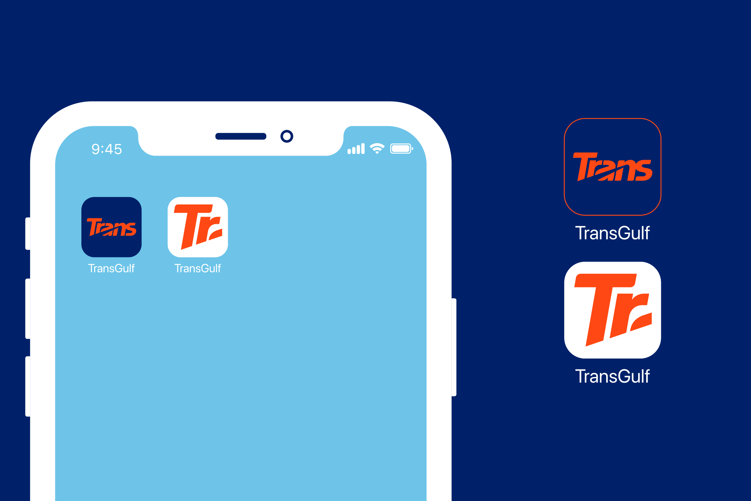 Logo responsiveness: a phone with two TransGulf app icons, orange Trans on navy and orange Tr on white, shown again larger beside it, on navy.