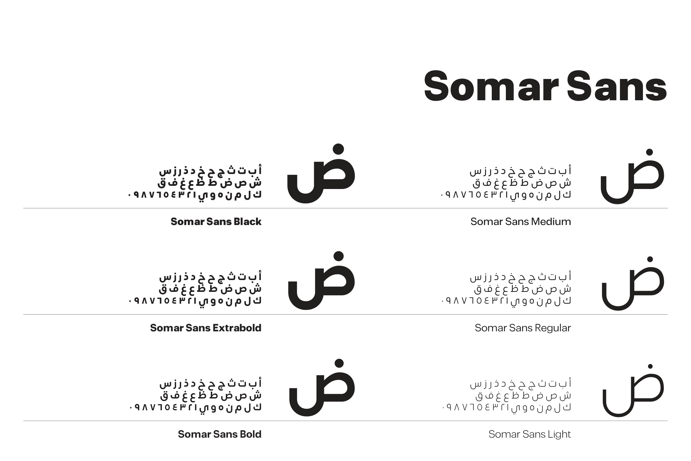 Typography board: Somar Sans Arabic alphabets and numerals in six weights, from Light to Black, each beside a large ض.