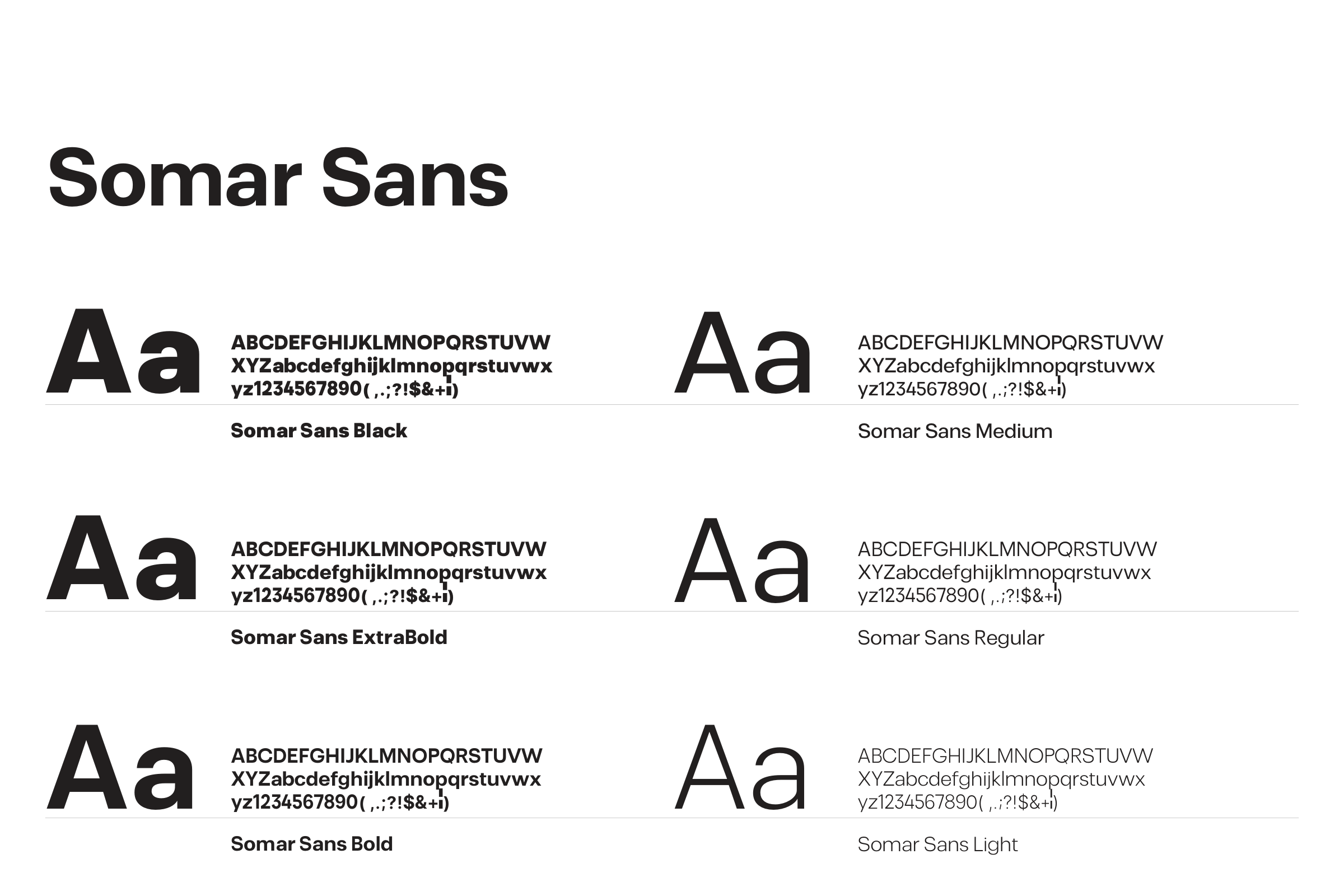 Typography board: Somar Sans Latin alphabets and figures in six weights, Black, ExtraBold, Bold, Medium, Regular and Light, in black on white.
