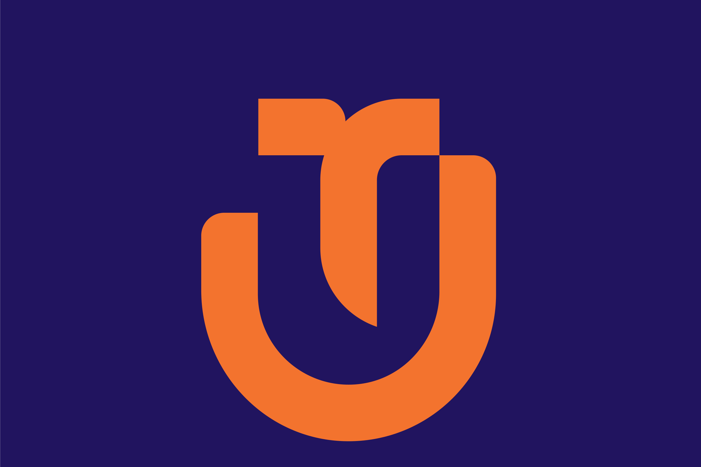 The monogram in orange on dark blue: a broad rounded U with a T inside it, the T's stem curving down to a point.