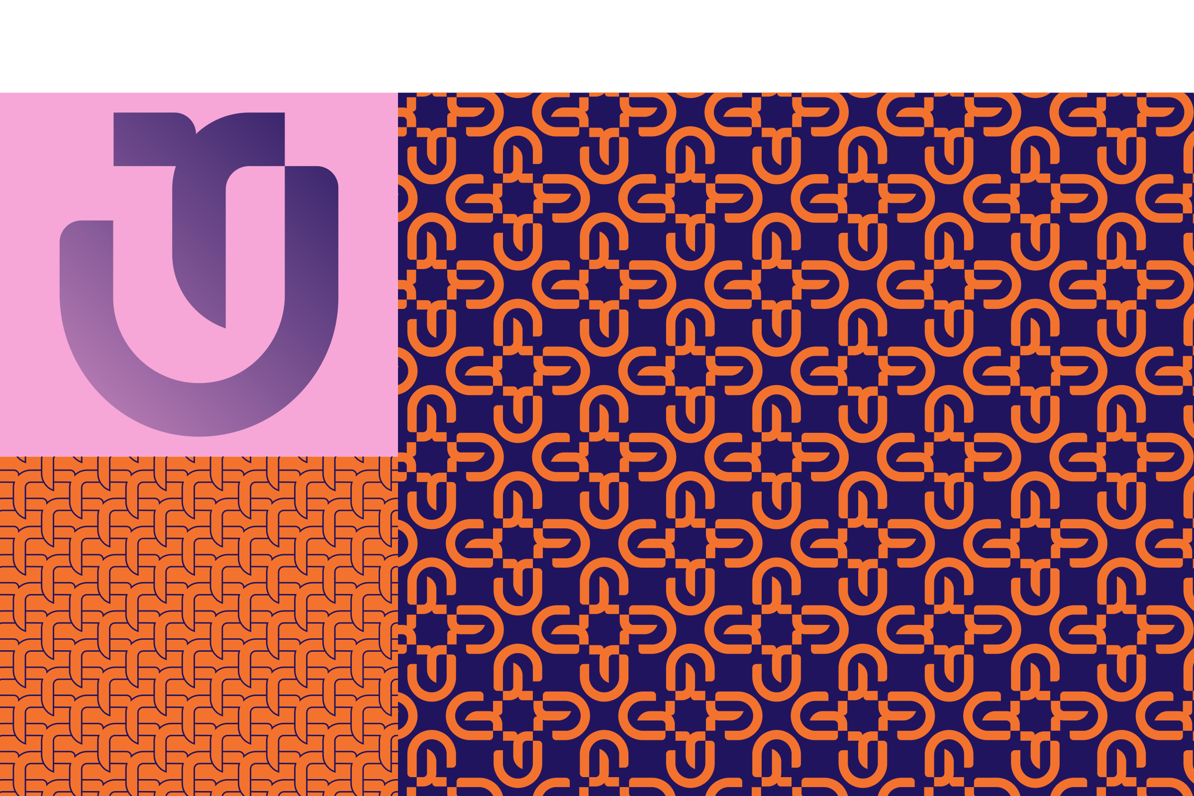 Supporting element: a purple gradient monogram on pale pink, the monogram's T tiled in fine dark blue lines on orange, and the monogram turned four ways in orange on dark blue.