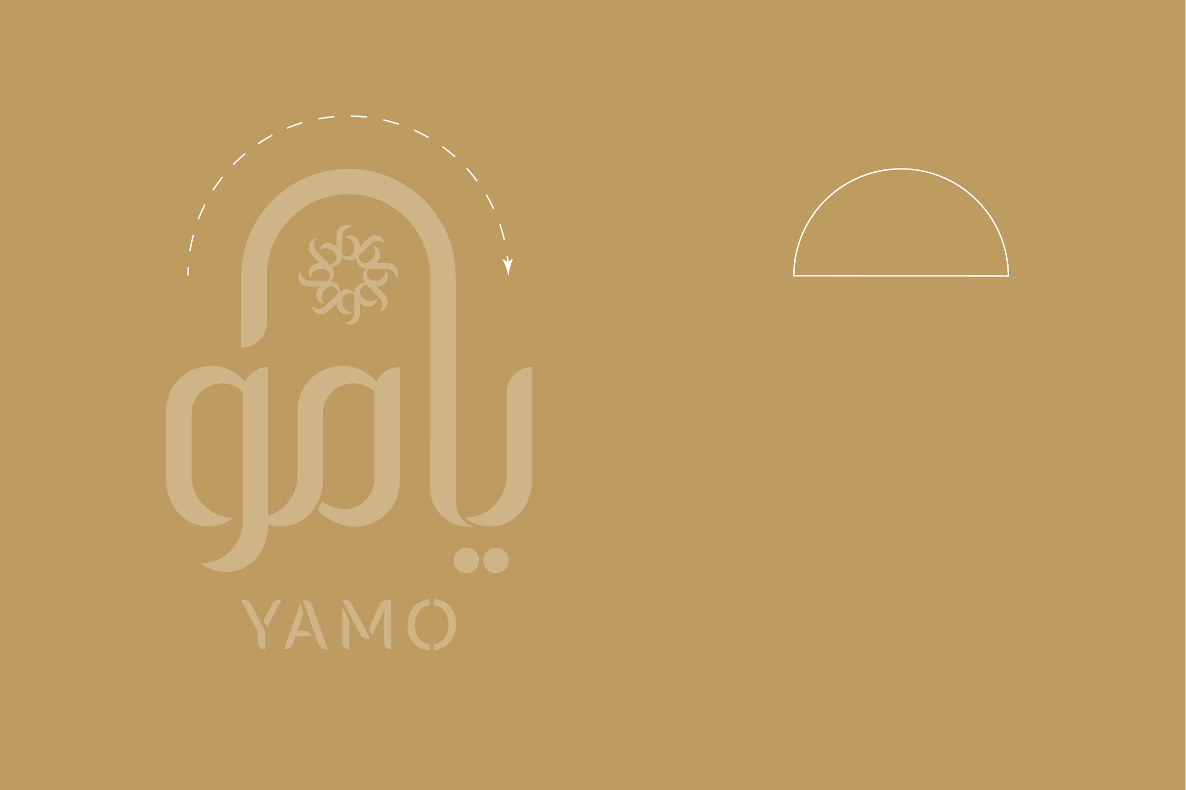 The logo traced faintly on gold, with a dashed arrow over its arch, beside the half-moon drawn from it.