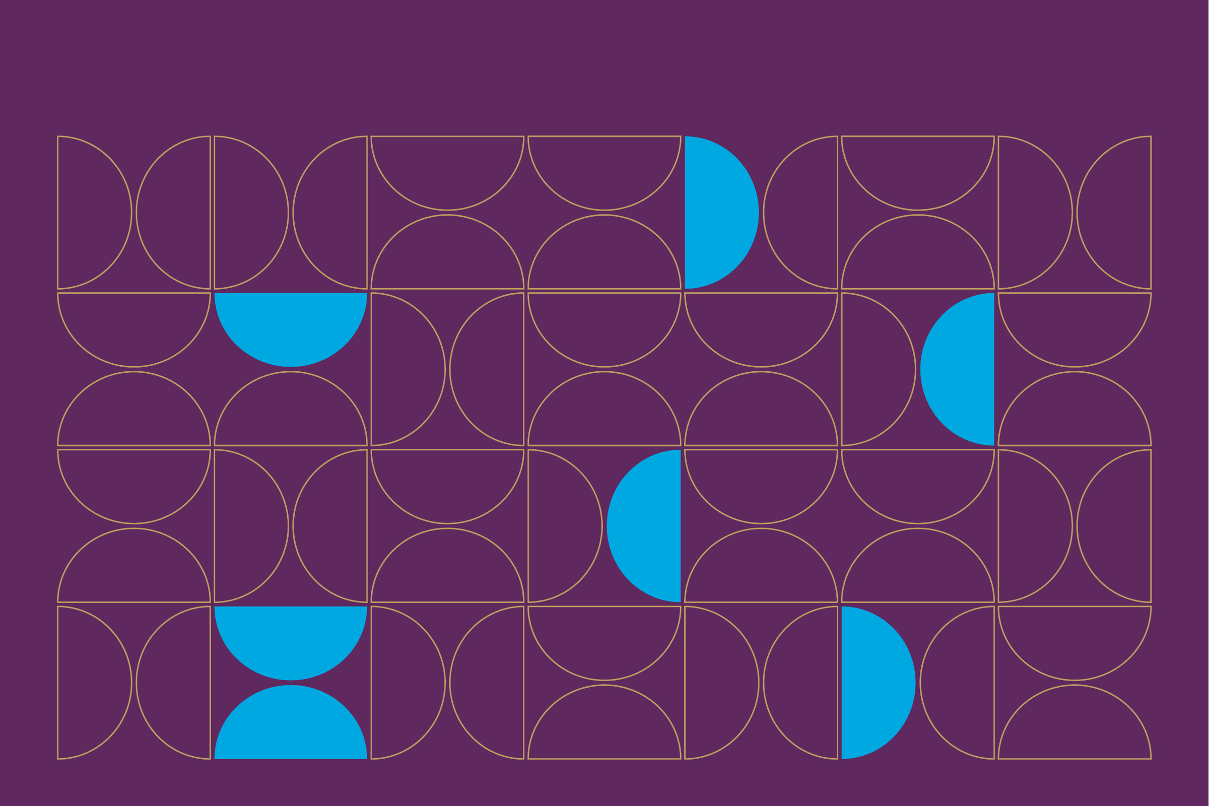 A grid of half-circles drawn in fine gold lines on plum, with some filled in solid blue.