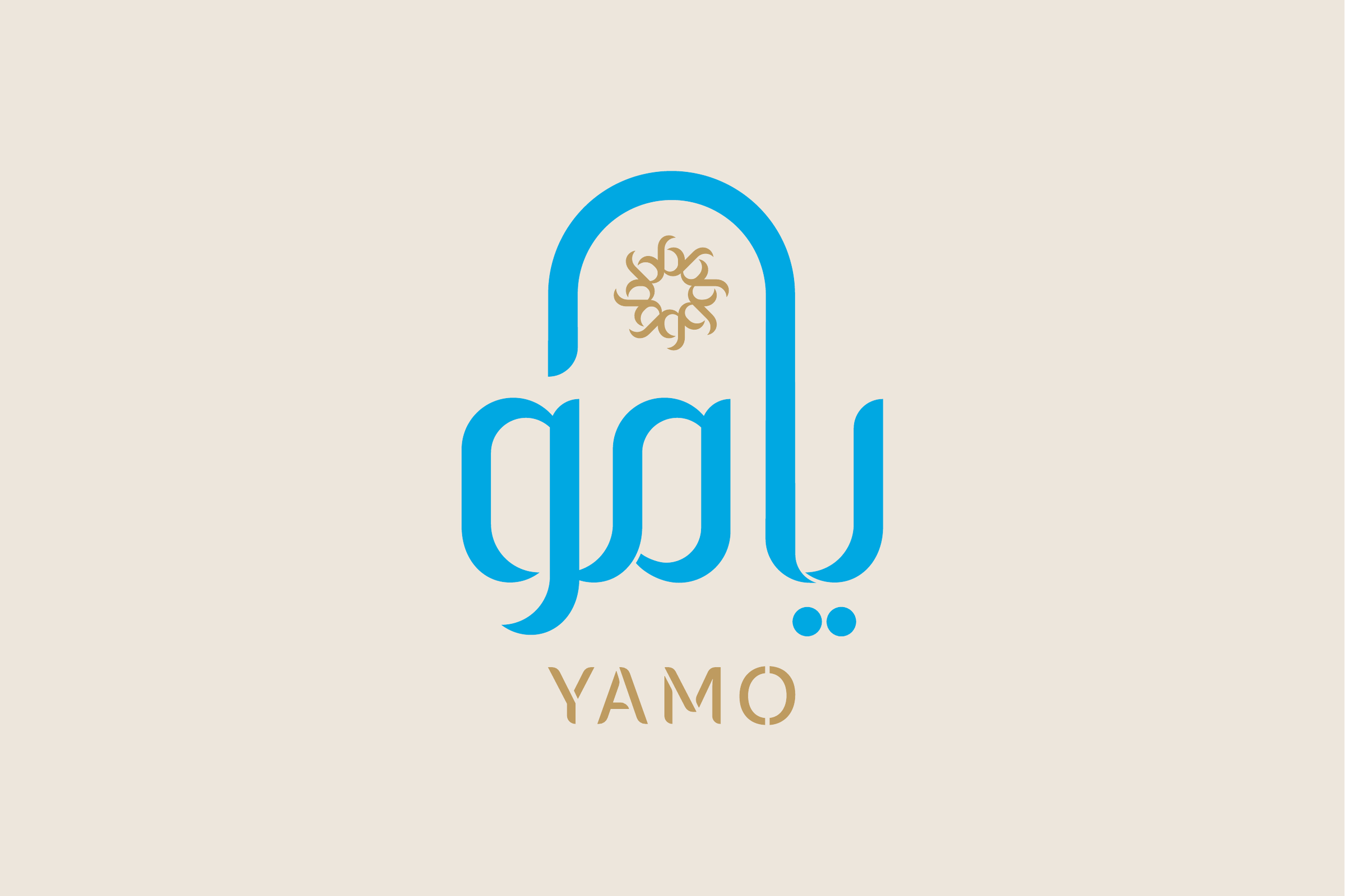 The logo in blue on cream: يامو with its first letter rising into an arch over a gold eight-part rosette, and YAMO in gold below.
