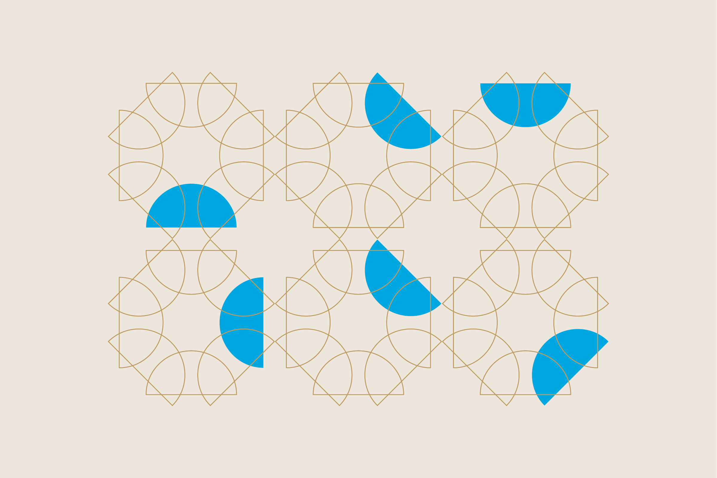 A lattice of interlocking gold arcs on cream, scattered with solid blue half-moons.